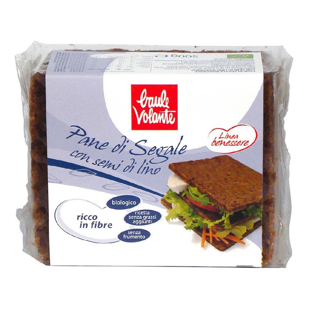 Pane di segale confezionato, Baule Volante. Scritta: Pane di Segale con semi di lino, biologico, ricco di fibre.