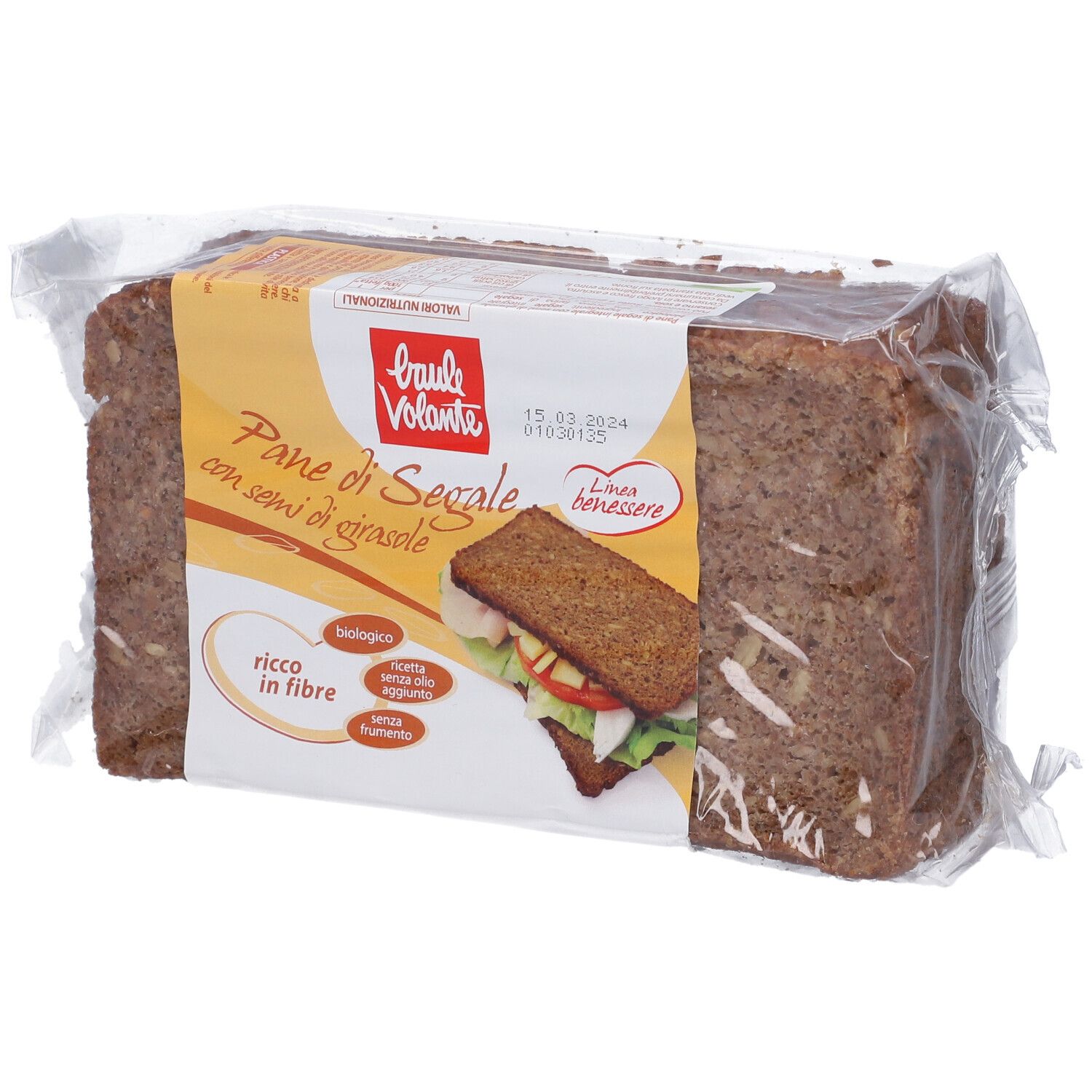 Pane di segale confezionato, Baule Volante. Scritta: Pane di Segale con semi di girasole, biologico, ricco di fibre.