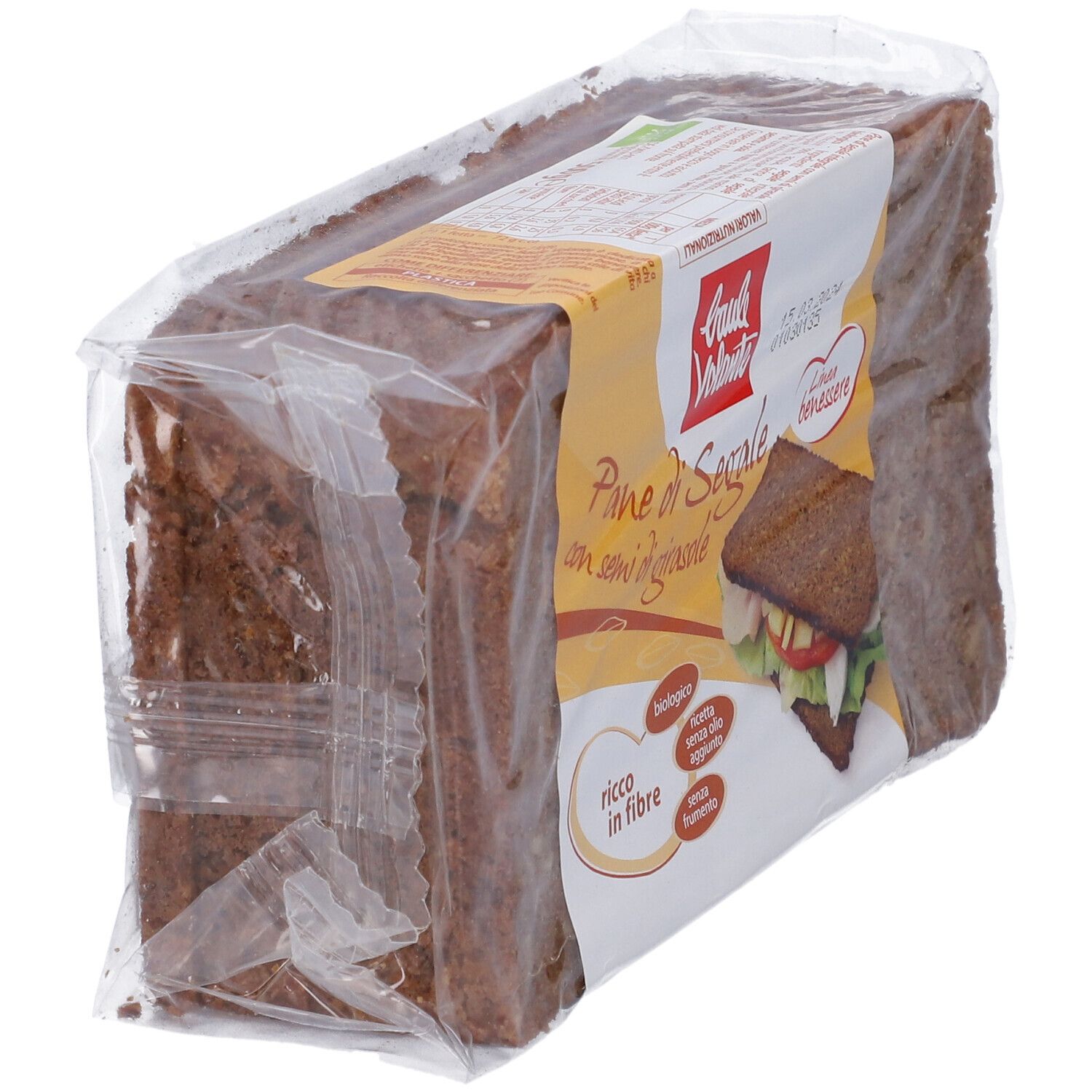 Pane di segale confezionato, Baule Volante. Scritta: Pane di Segale con semi di girasole, biologico, ricco di fibre.