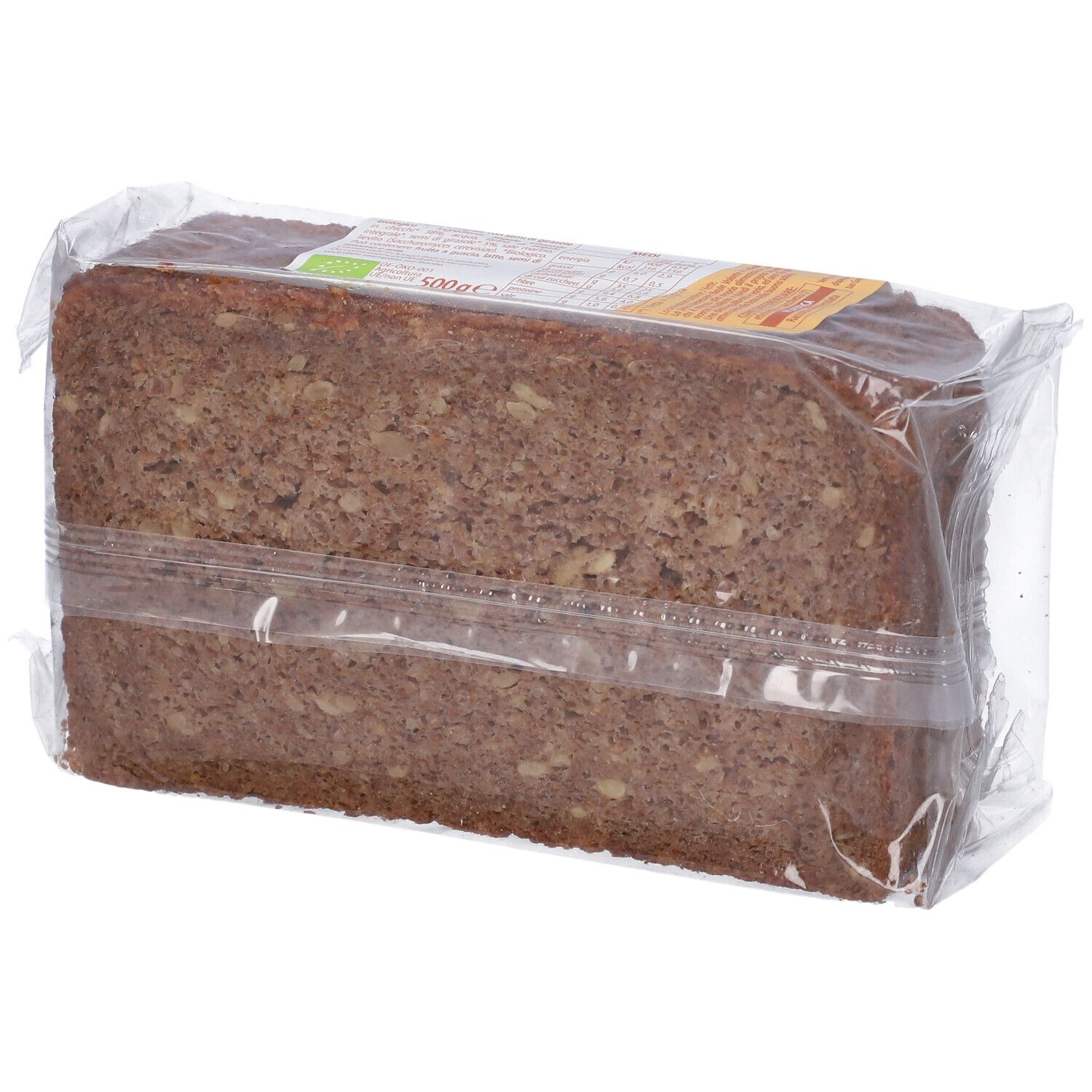 Pane confezionato. Scritta: Pane di Segale con semi di girasole, biologico, ricco di fibre. Fette visibili.