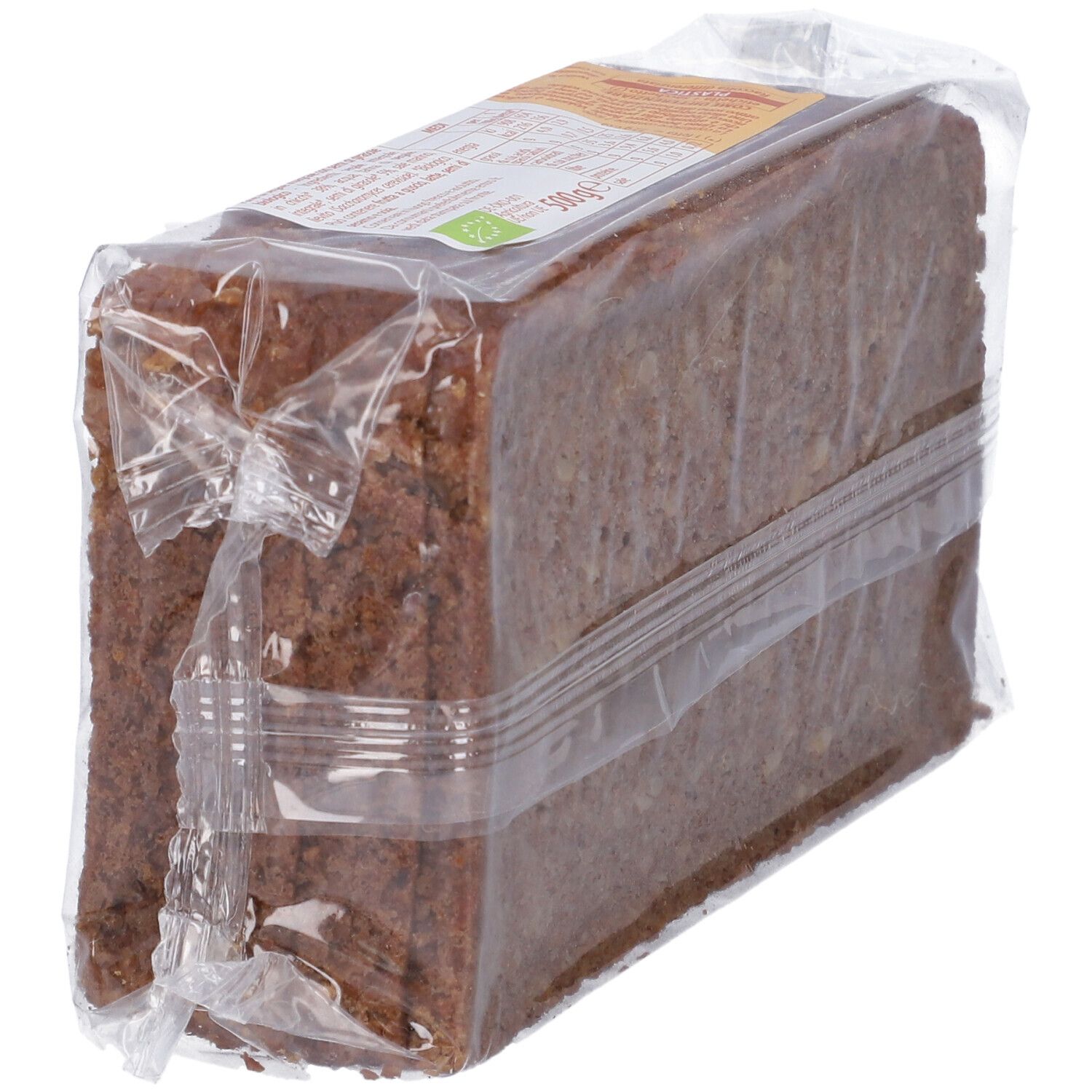 Pane confezionato. Scritta: Pane di Segale con semi di girasole, biologico, ricco di fibre. Fette visibili.