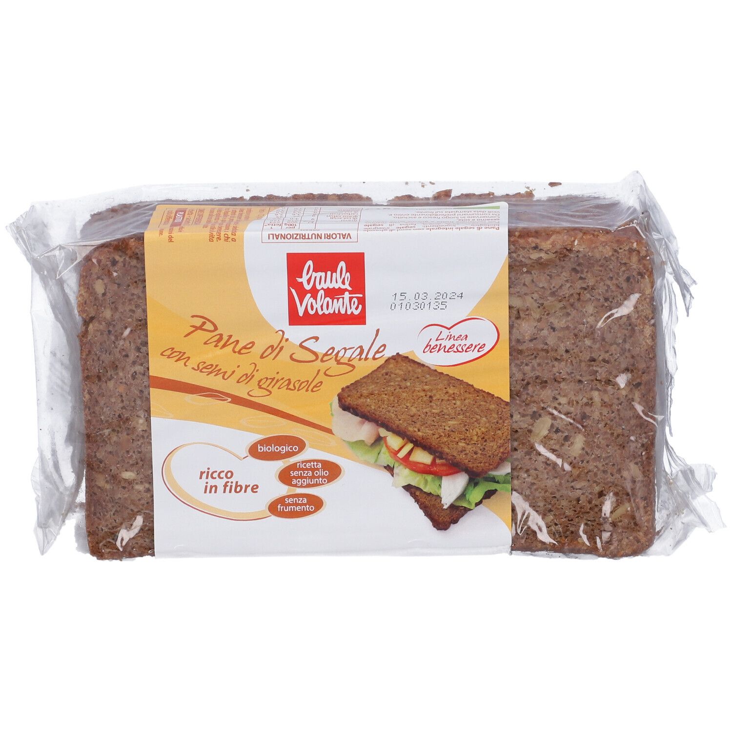 Pane di segale confezionato, Baule Volante. Scritta: Pane di Segale con semi di girasole, biologico, ricco di fibre.
