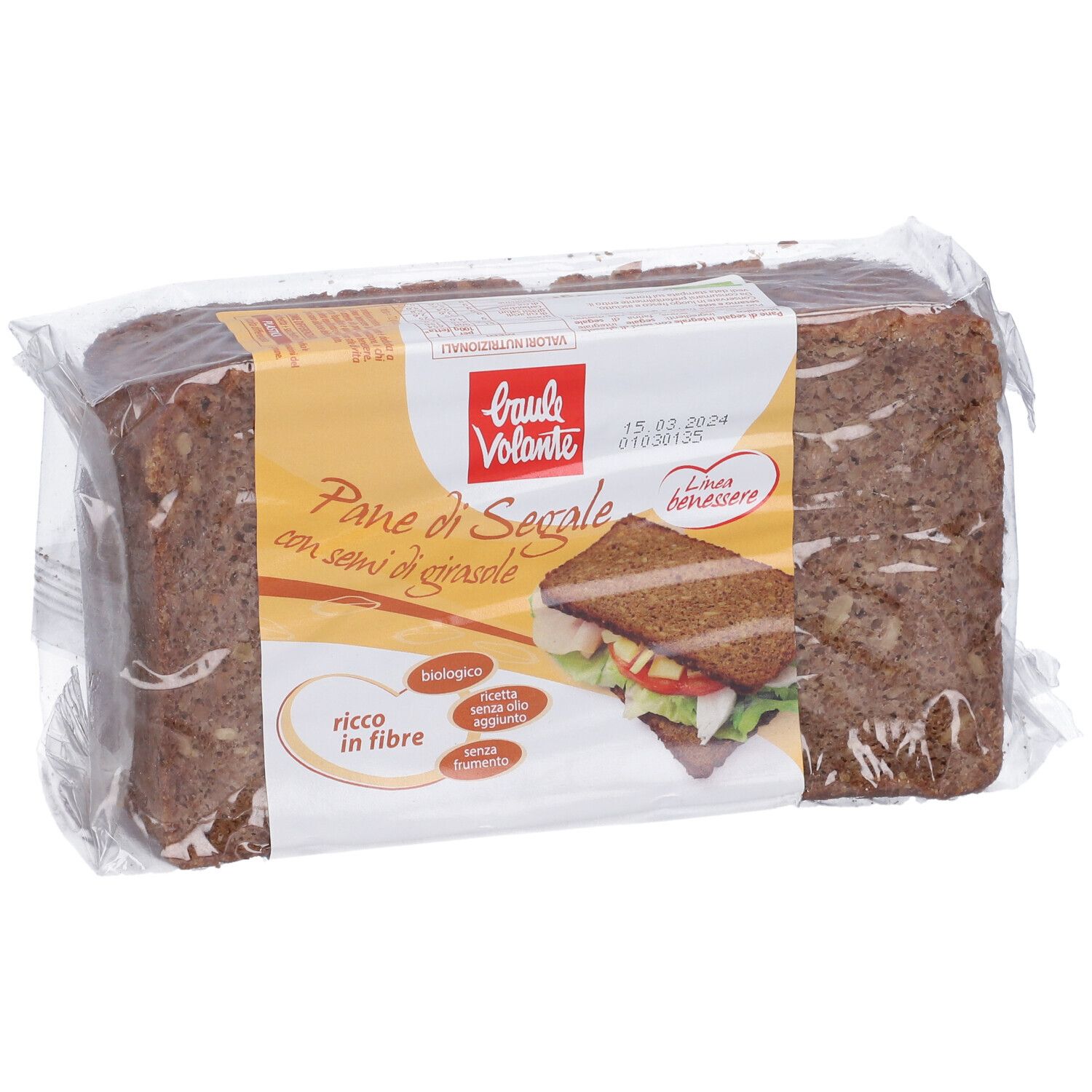 Pane di segale confezionato, Baule Volante. Scritta: Pane di Segale con semi di girasole, biologico, ricco di fibre.