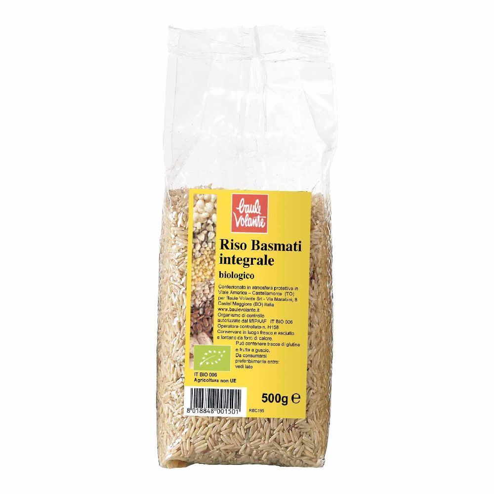 Confezione trasparente di riso integrale basmati. Etichetta gialla con testo: Riso Basmati integrale biologico. 500g.