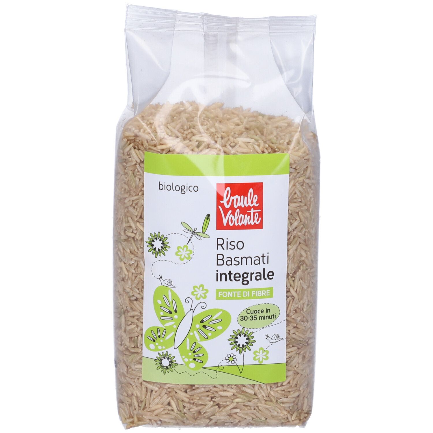 Confezione trasparente di riso integrale basmati. Etichetta verde con testo: Riso Basmati integrale, biologico, fonte di fibre.
