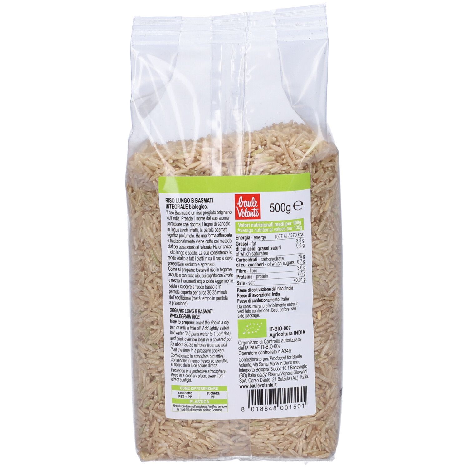 Retro della confezione trasparente di riso integrale basmati. Testo e informazioni nutrizionali sull'etichetta. 500g.