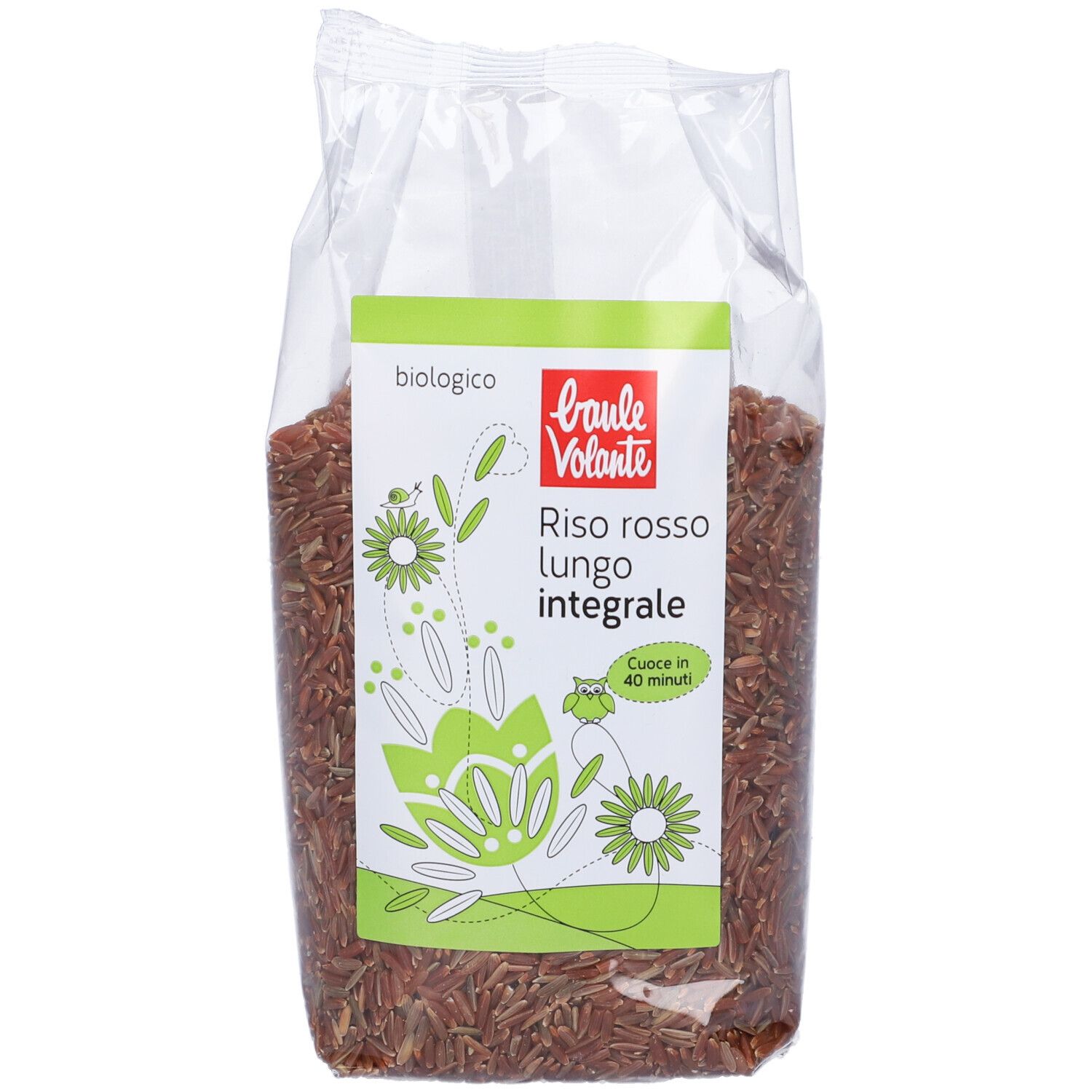 Confezione trasparente di riso rosso lungo. Etichetta verde con testo e logo. Scritta: Riso rosso lungo integrale.
