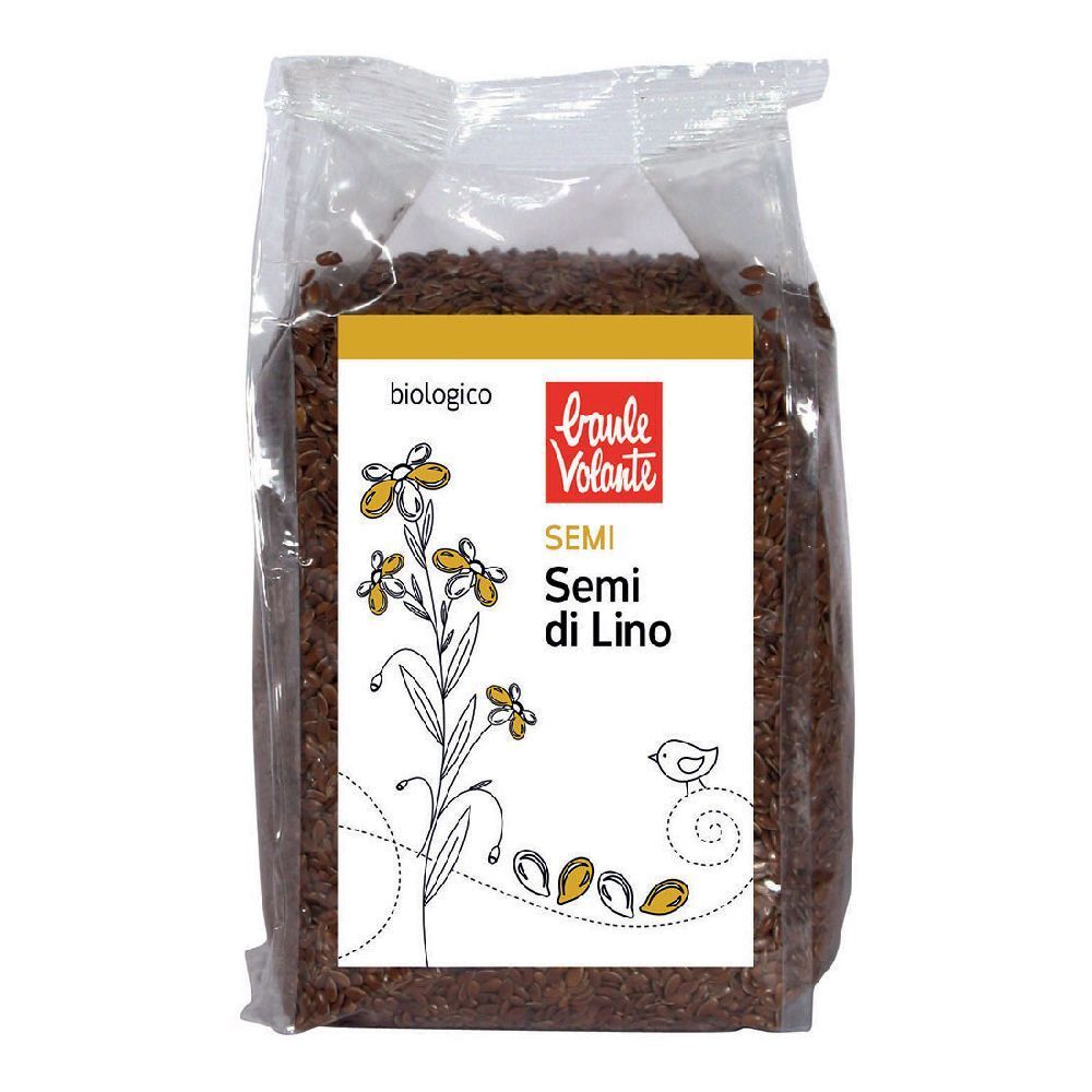 Confezione trasparente con semi marroni. Etichetta con "Semi di Lino" e logo.