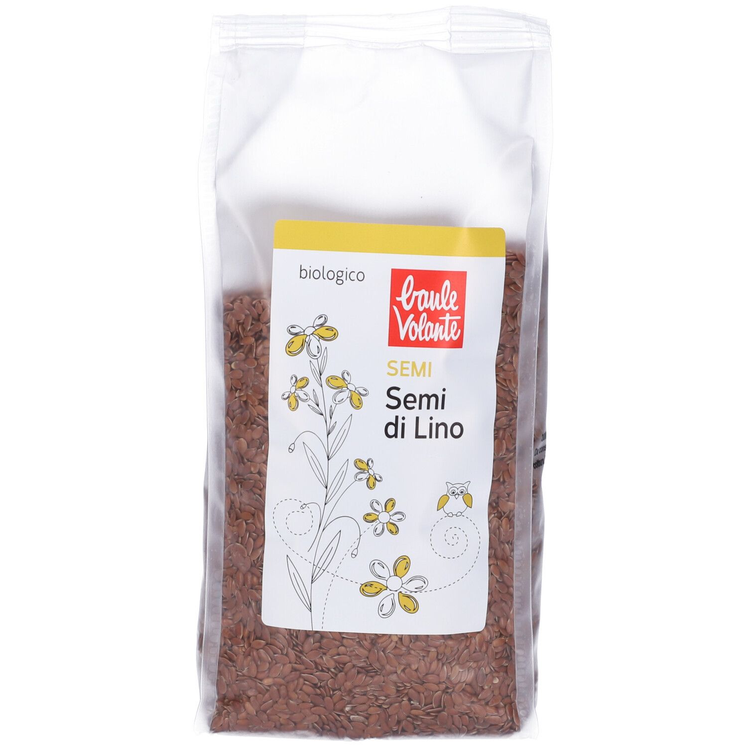 Confezione trasparente con semi marroni. Etichetta con "Semi di Lino" e logo.