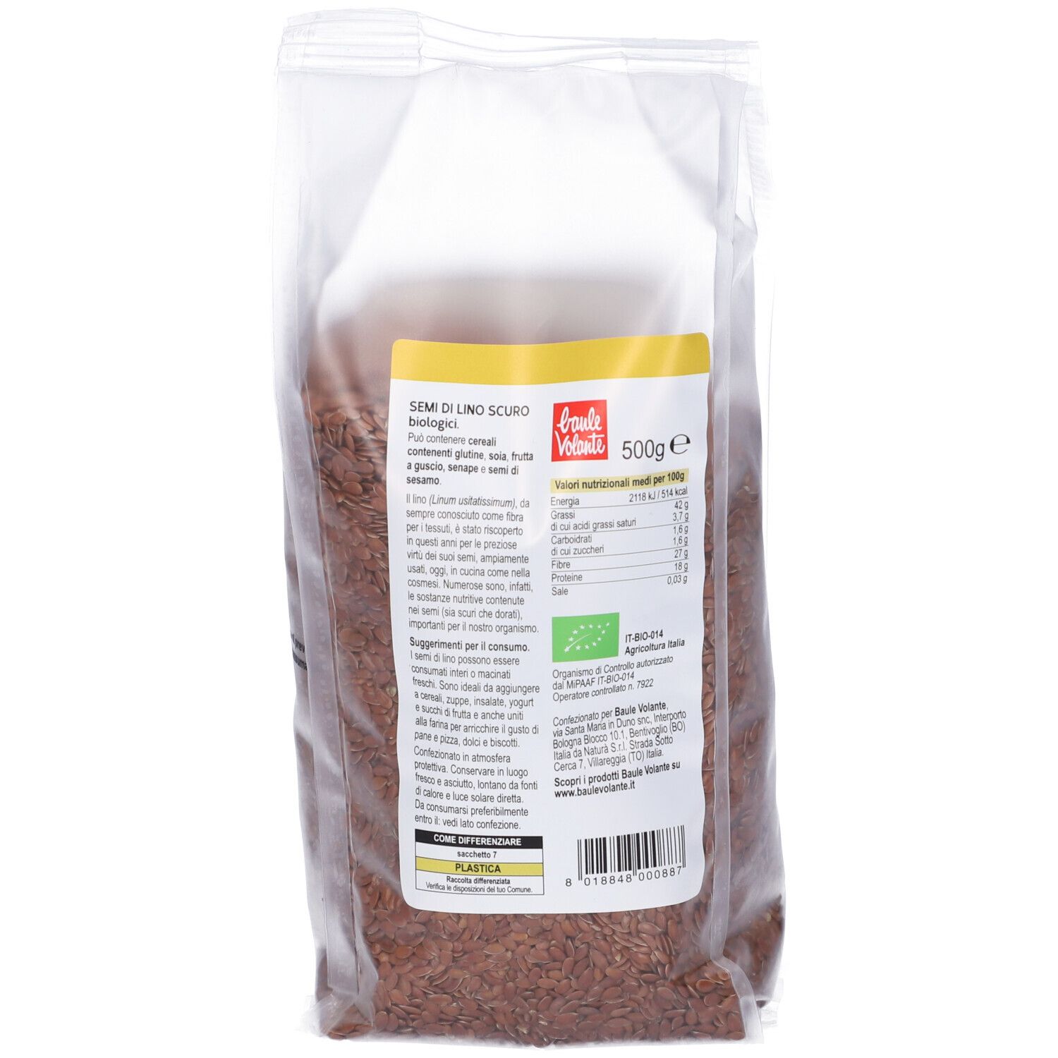 Retro della confezione con testo e informazioni nutrizionali. Logo e "500g" visibili.