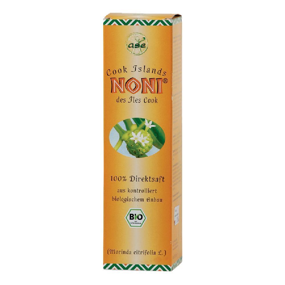 Confezione rettangolare marrone con prodotto Noni. Testo: Cook Islands Noni, 100% succo diretto, marchio bio.