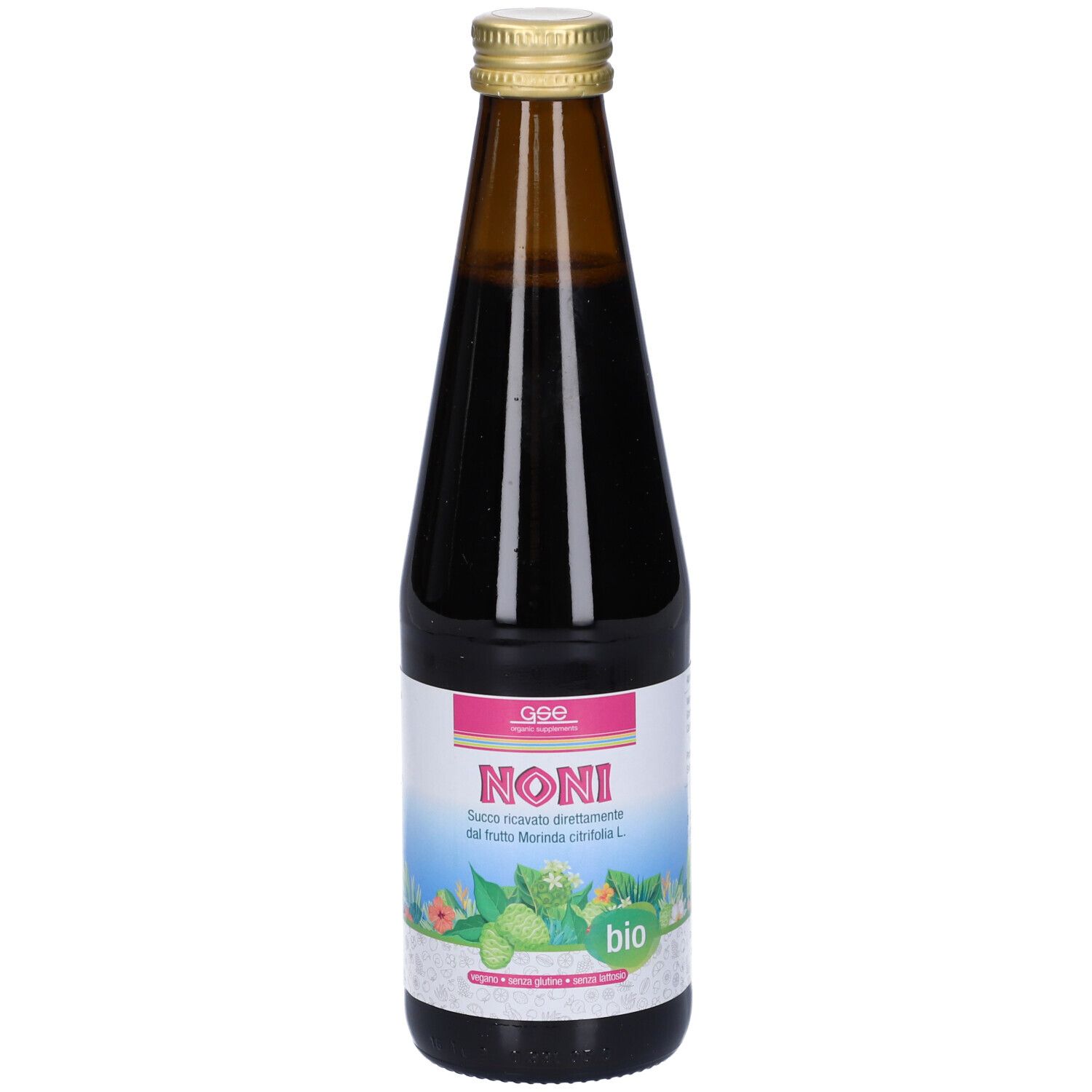 Bottiglia di vetro marrone con succo di Noni. Etichetta con logo Noni, marchio bio. Tappo dorato.
