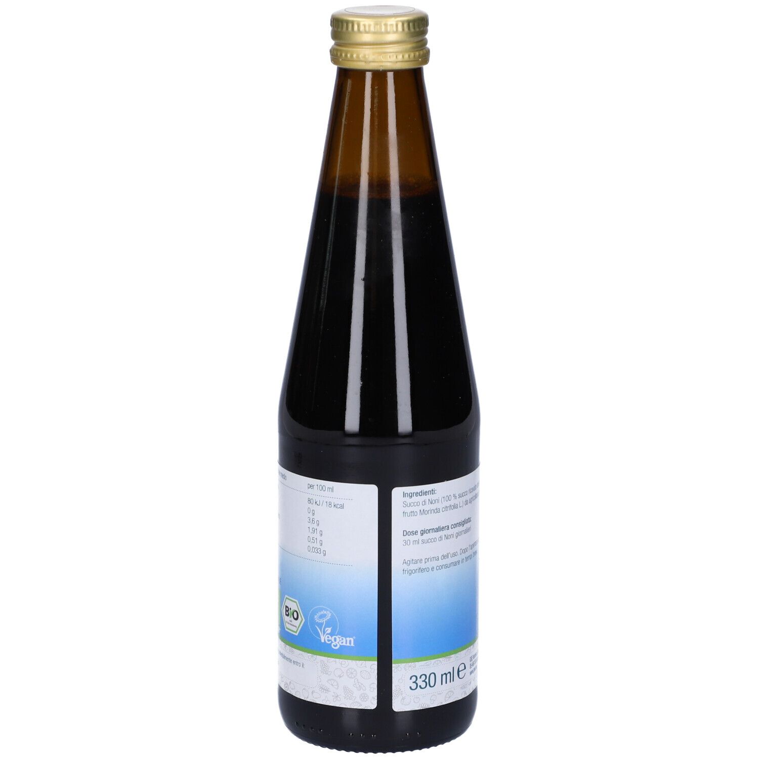 Bottiglia di vetro marrone con succo di Noni. Etichetta con informazioni nutrizionali, marchio bio, logo vegano, 330 ml. Tappo dorato.