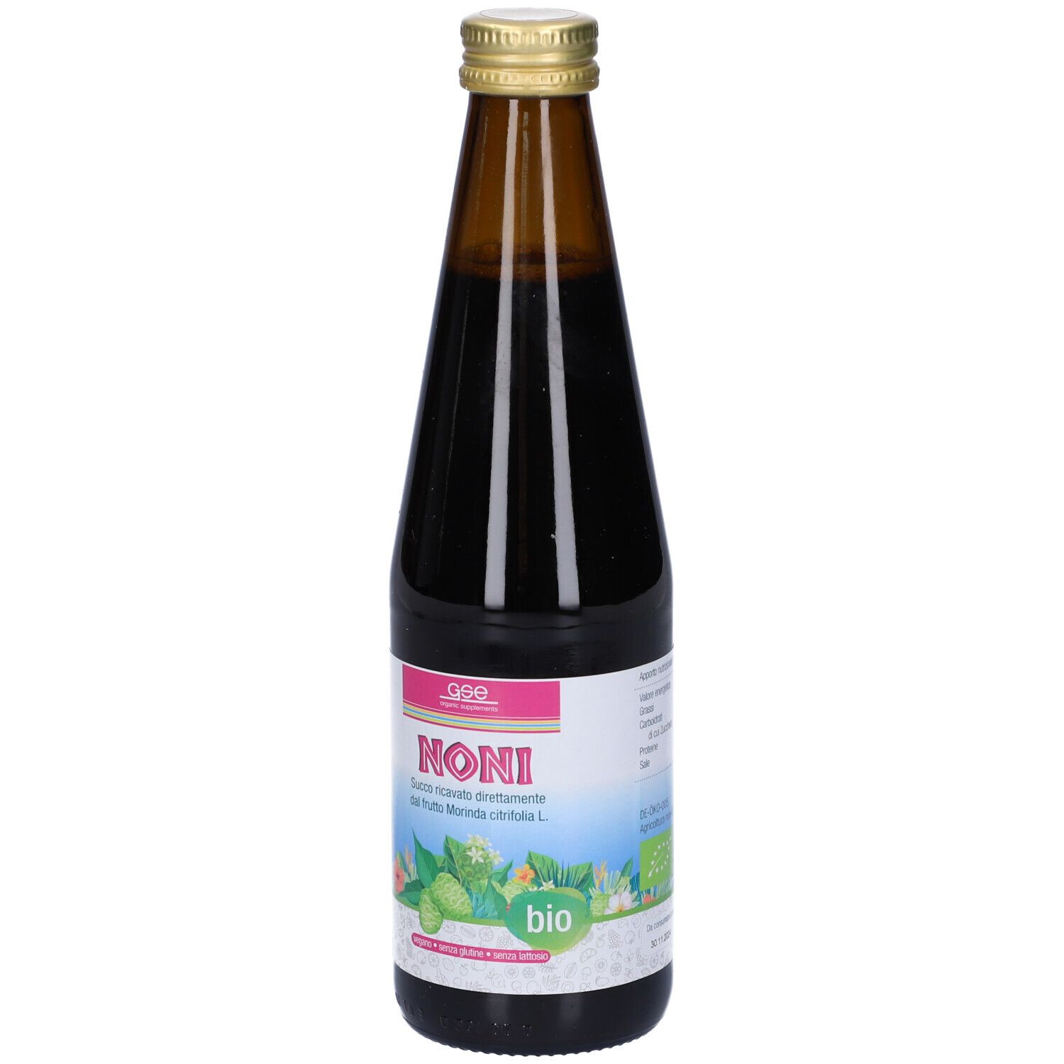 Bottiglia di vetro marrone con succo di Noni. Etichetta con logo Noni, marchio bio. Tappo dorato.
