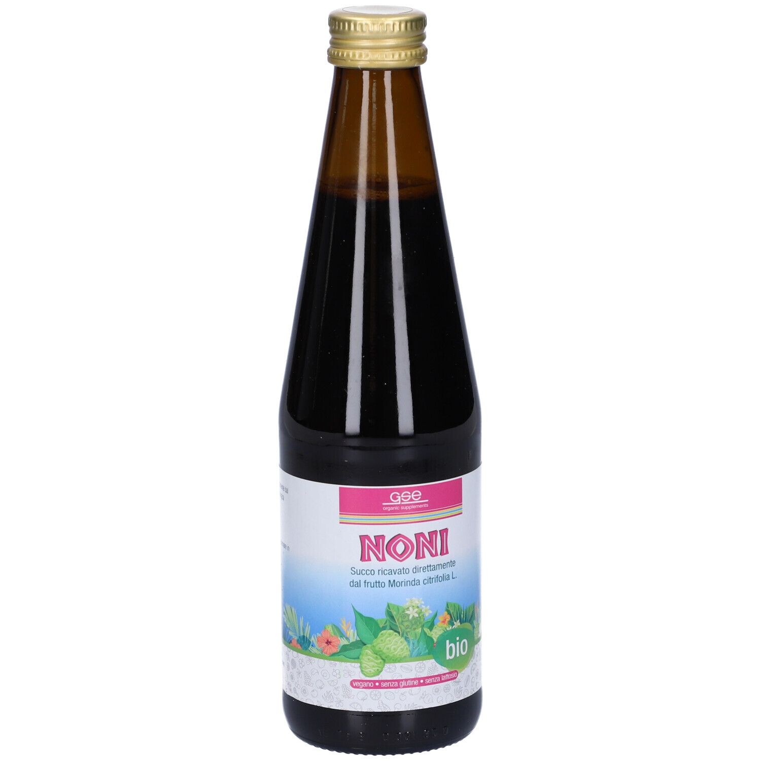 Bottiglia di vetro marrone con succo di Noni. Etichetta con logo Noni, marchio bio. Tappo dorato.