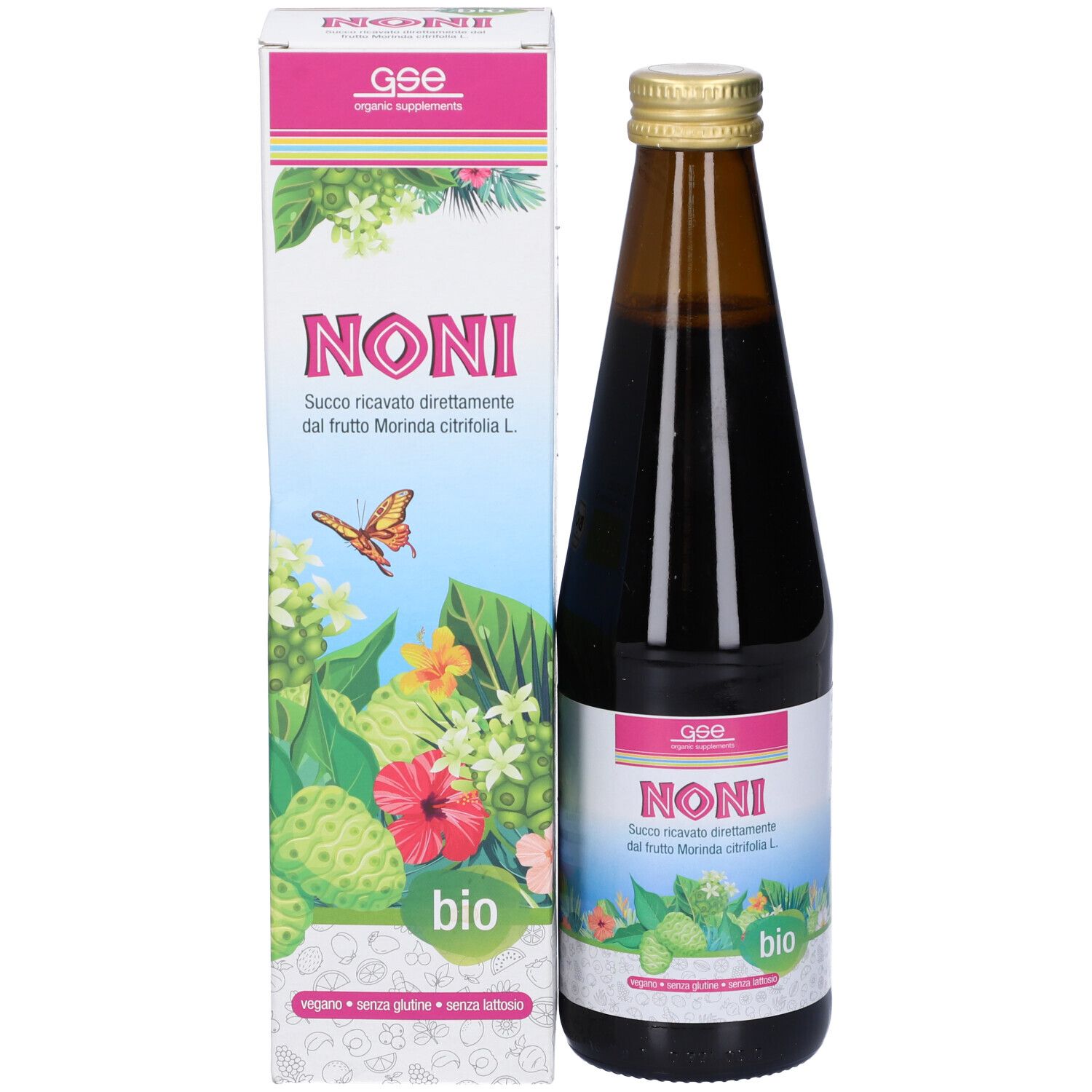 Bottiglia di vetro e confezione con succo di Noni. Confezione con logo Noni, marchio bio. Tappo dorato.