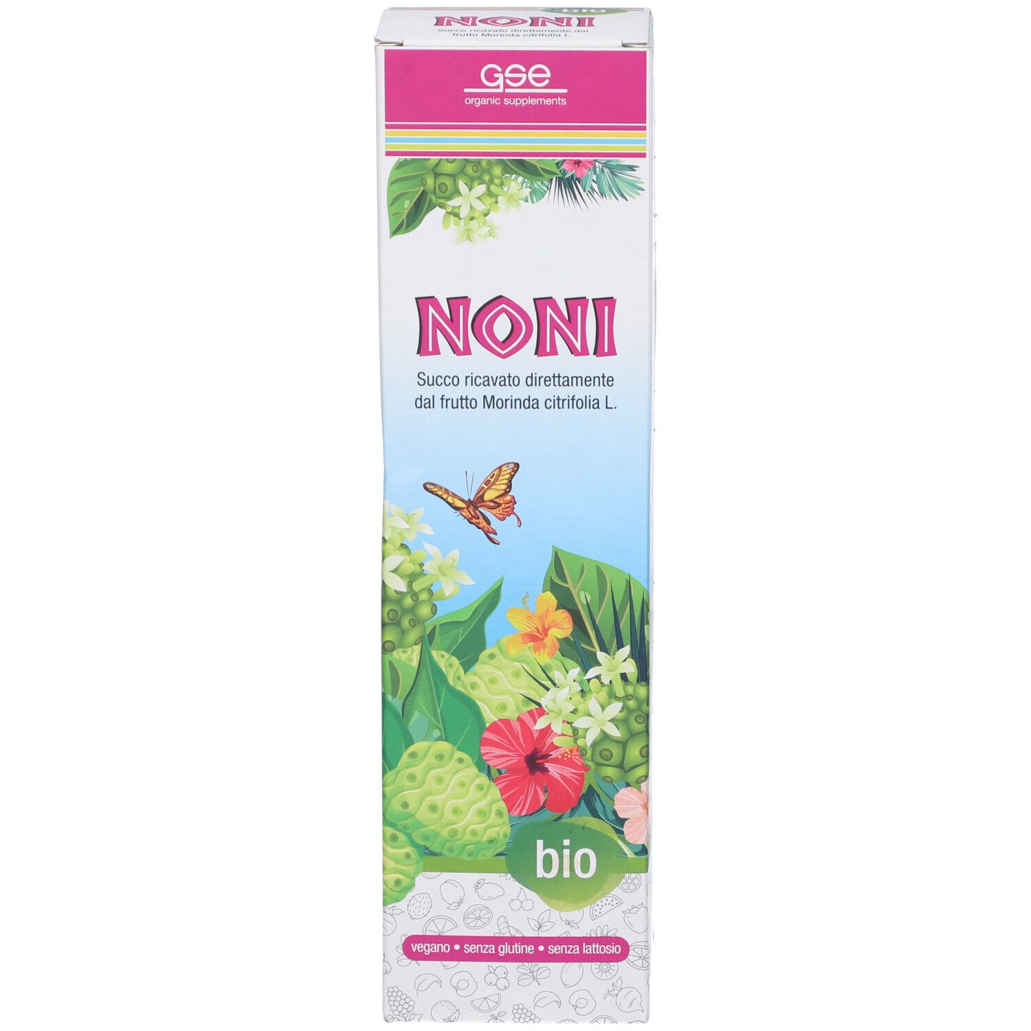 Confezione rettangolare alta con succo di Noni. Logo Noni, marchio bio. Design floreale.