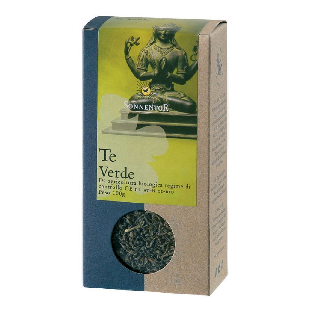 Scatola di tè verde con finestra. Logo SONNENTOR. Testo: Te Verde, Da agricoltura biologica, Pese 100g. Immagine di una statua.