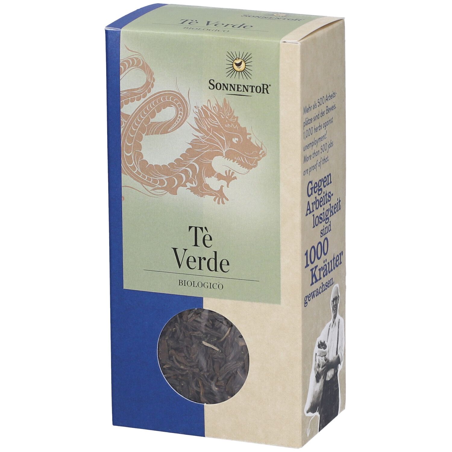 Scatola di tè verde con finestra. Logo SONNENTOR. Testo: Te Verde, BIOLOGICO. Immagine di un drago.