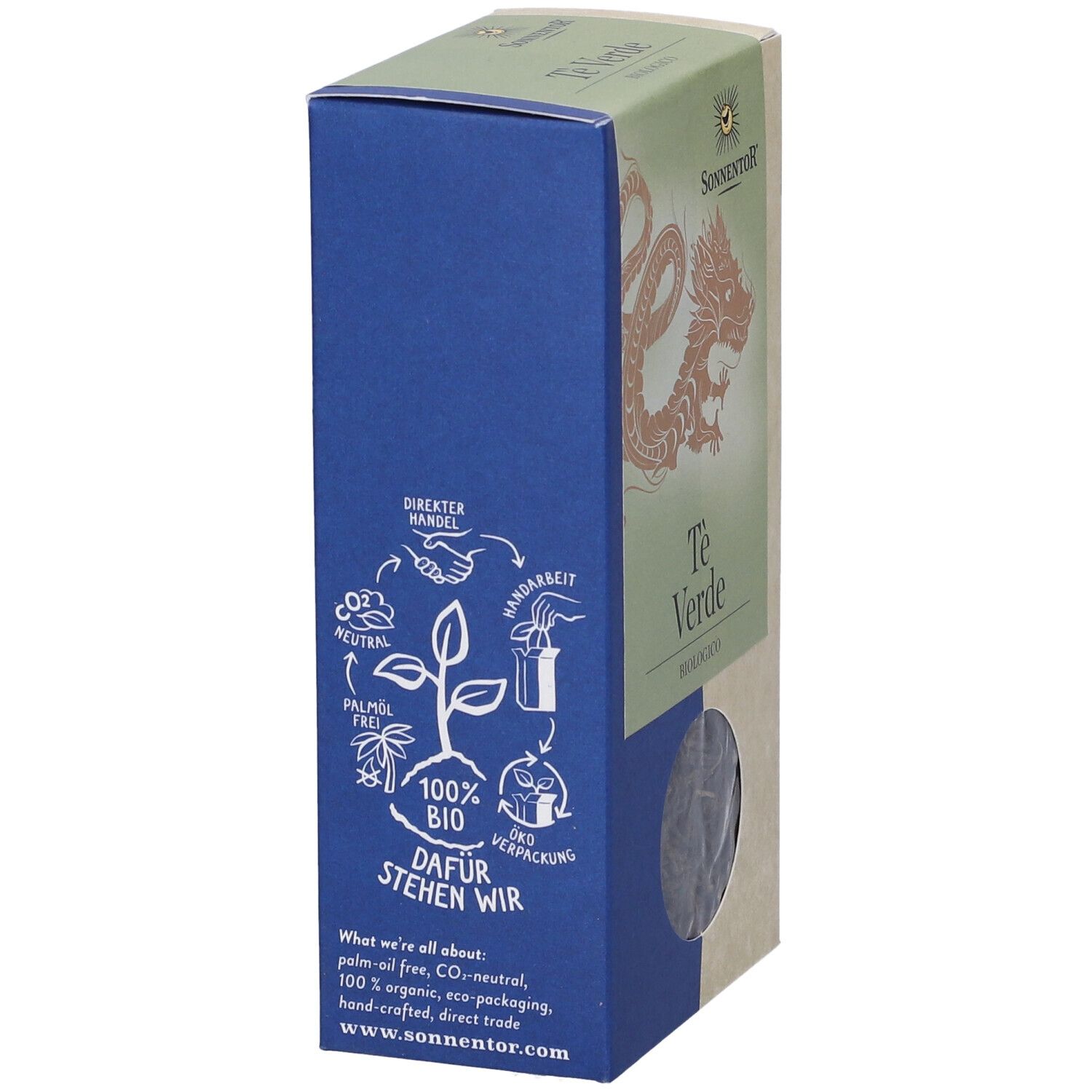 Lato blu della confezione Te Verde. Testo: 100% BIO, CO2-neutrale, senza olio di palma. Illustrazioni. Logo SONNENTOR.