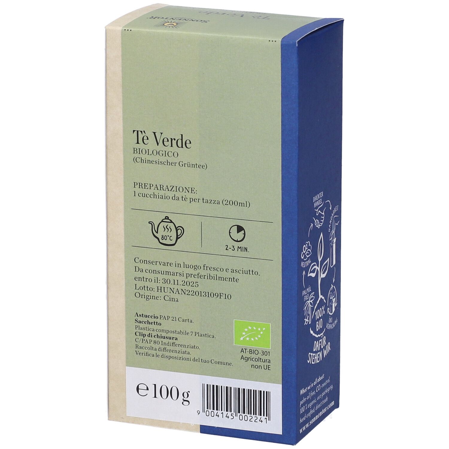 Retro della confezione Te Verde. Testo: Te Verde, BIOLOGICO. Istruzioni per la preparazione. Sigillo biologico. Peso: 100g. Scadenza.
