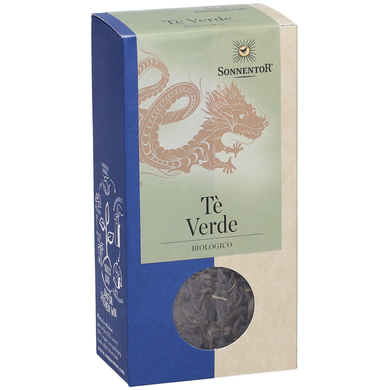 Scatola di tè verde con finestra. Logo SONNENTOR. Testo: Te Verde, BIOLOGICO. Immagine di un drago.