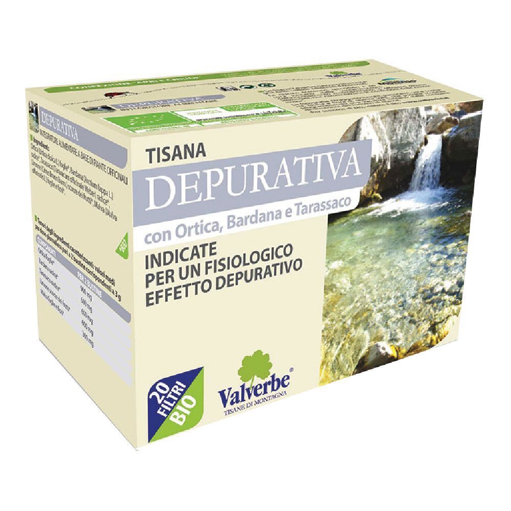 Scatola 'Tisana Depurativa' con 'Valverbe'. Contiene 20 filtri. Certificazione biologica.