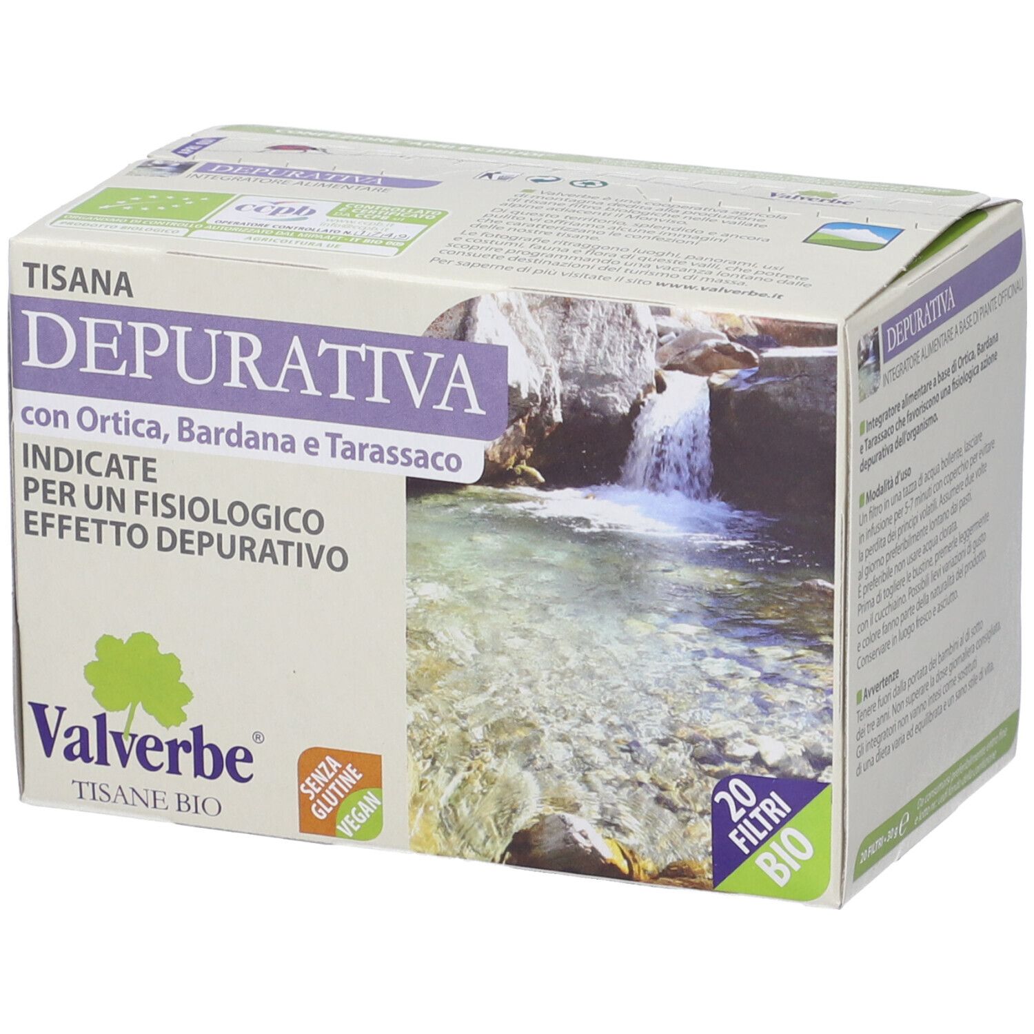 Scatola 'Tisana Depurativa' con 'Valverbe'. 20 filtri, senza glutine, vegan. Bio.