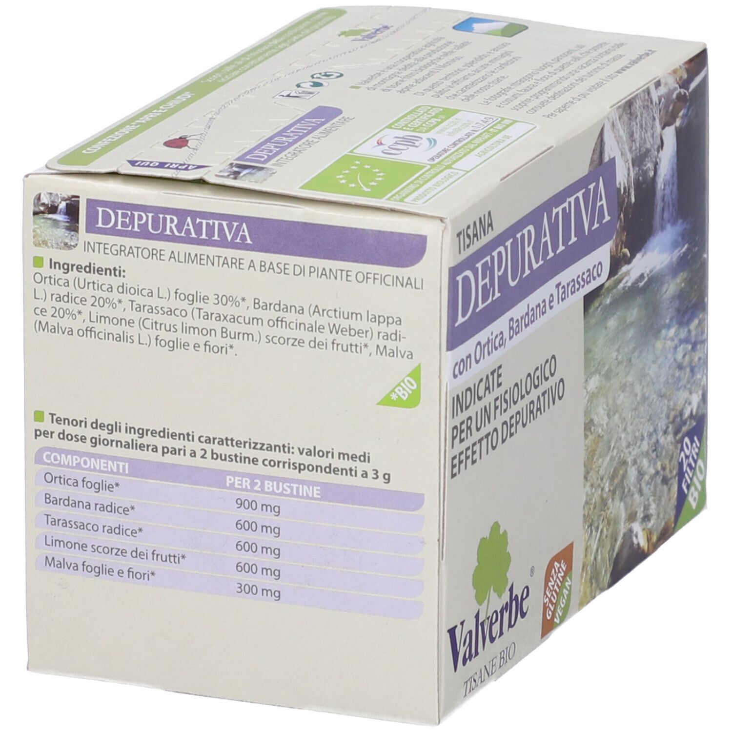 Scatola 'Tisana Depurativa' con informazioni. Contiene 20 filtri. Certificazione bio.