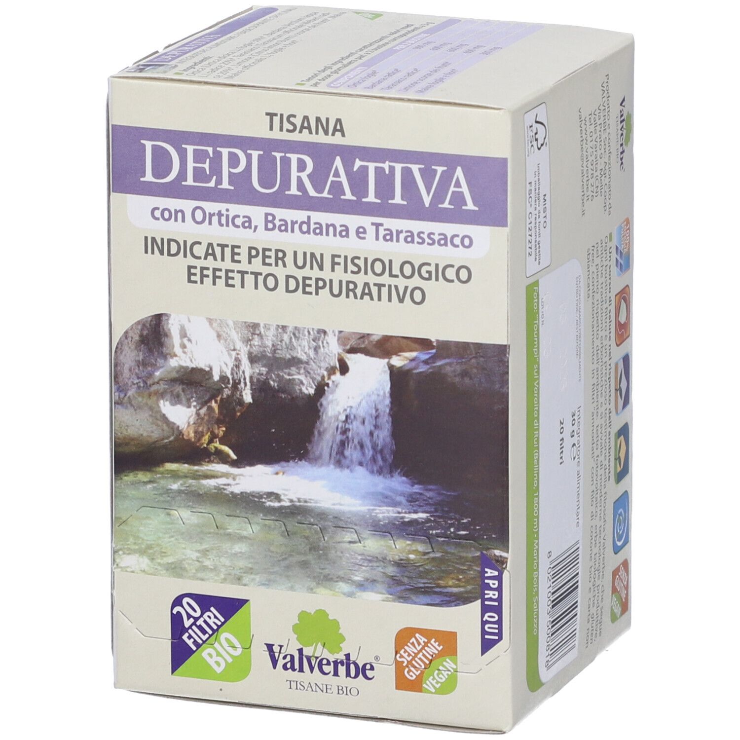 Scatola 'Tisana Depurativa' con 'Valverbe'. 20 filtri. Adesivo 'Apri qui'.