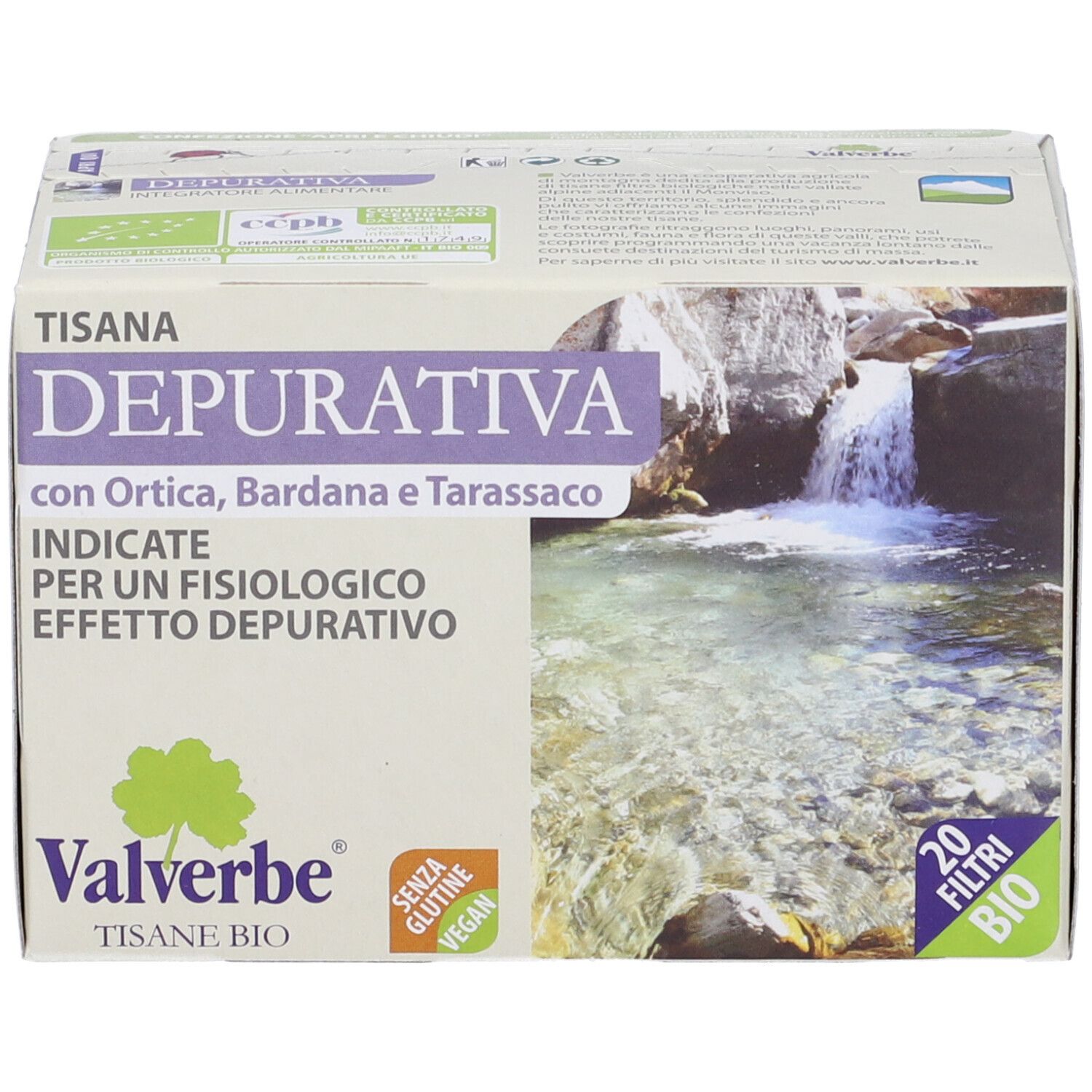 Scatola 'Tisana Depurativa' con 'Valverbe'. 20 filtri, senza glutine, vegan. Bio.