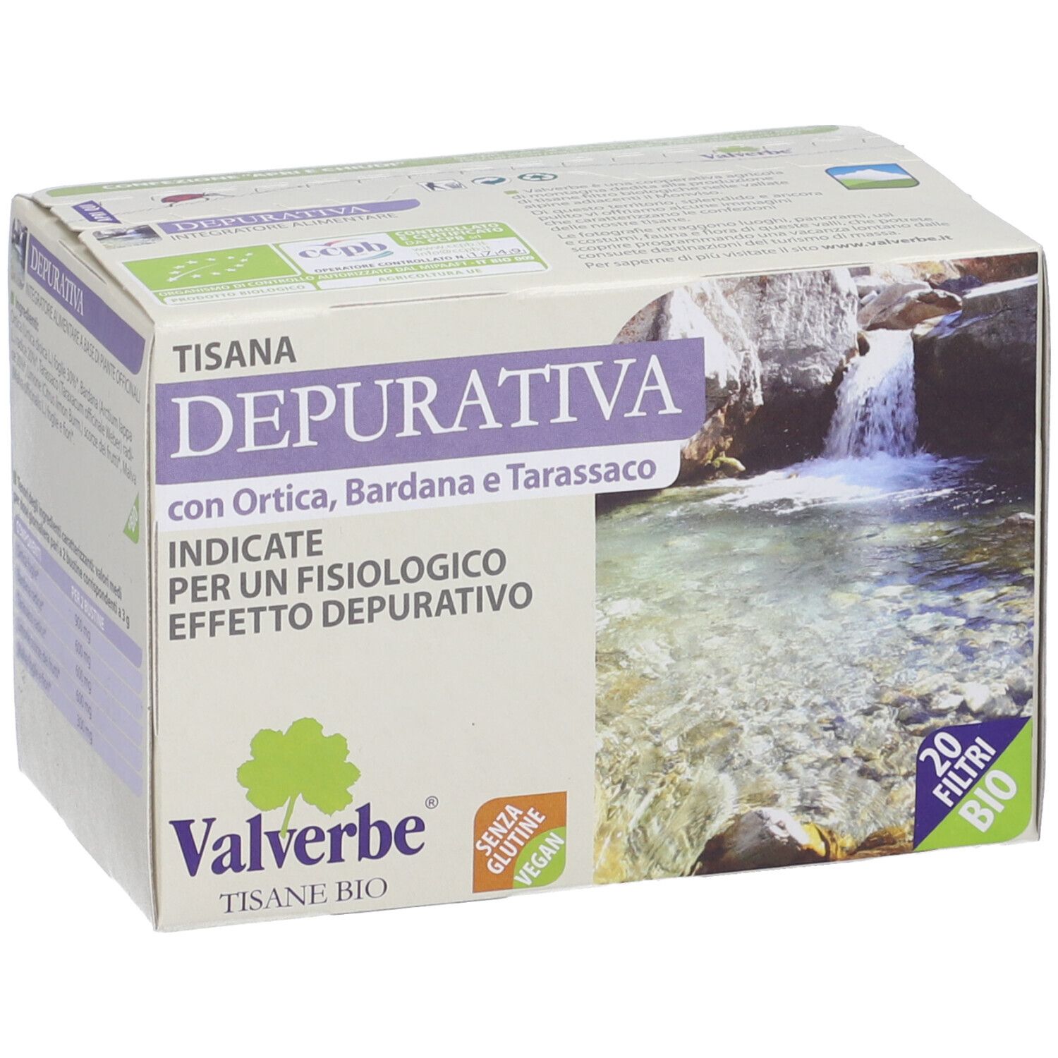 Scatola 'Tisana Depurativa' con 'Valverbe'. 20 filtri, senza glutine, vegan. Bio.