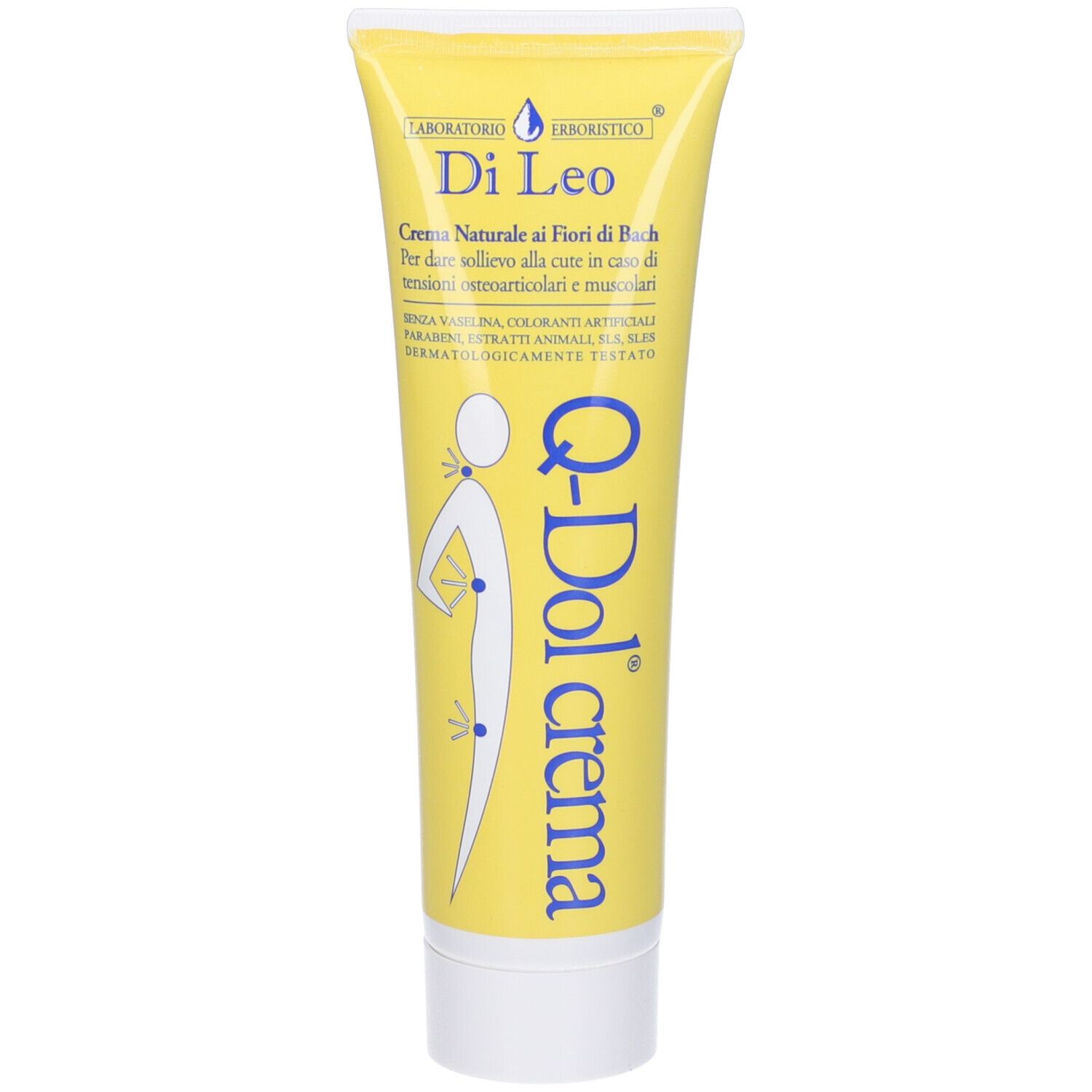 Tubo giallo con tappo bianco. Scritta: Q-Dol crema, Di Leo, e illustrazione di un corpo umano con punti.
