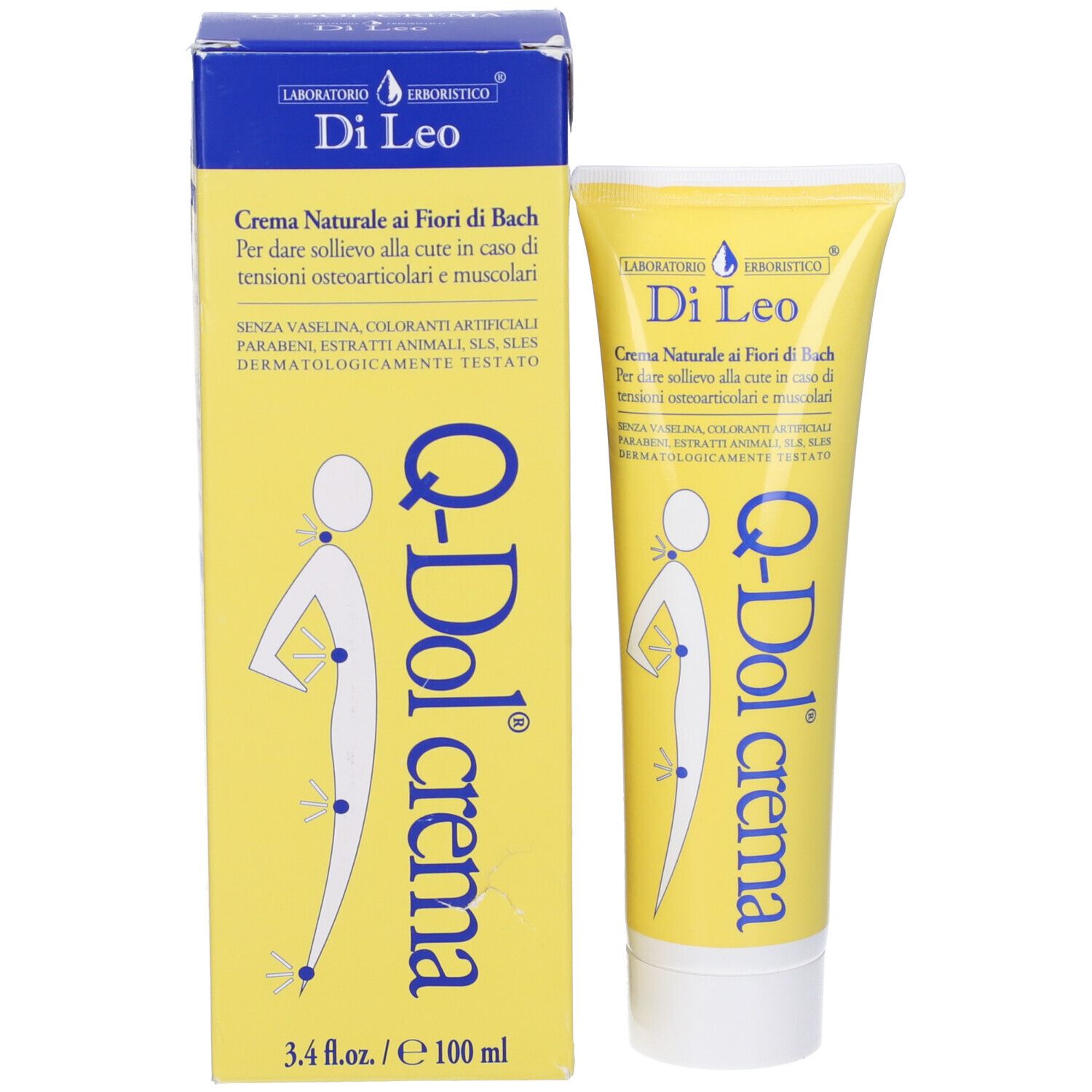 Confezione del prodotto: tubo e scatola gialli. Scritta: Q-Dol crema, Di Leo. Illustrazione di un corpo umano.