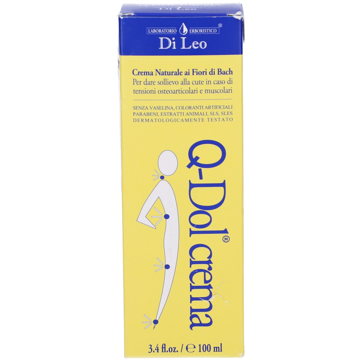 Scatola gialla con parte superiore blu. Scritta: Q-Dol crema, Di Leo. Illustrazione di un corpo umano con punti.