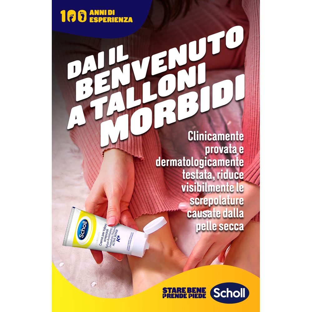 Werbeplakat mit Creme-Tube. Text: 'Dai il benvenuto a talloni morbidi'. Klinisch getestet. Scholl-Logo und Produkt.