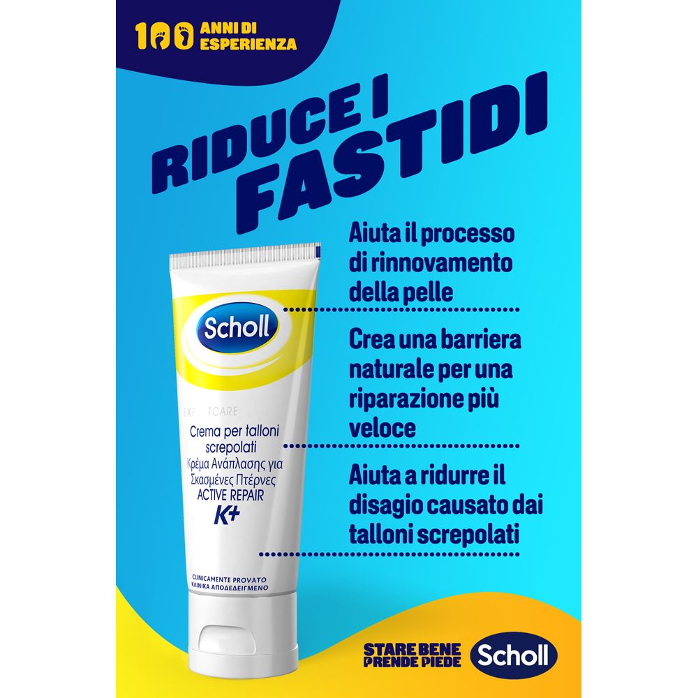 Creme-Tube mit Text: 'ExpertCare Creme per talloni screpolati Active Repair K+'. Scholl-Logo. Blaue Hintergrund.