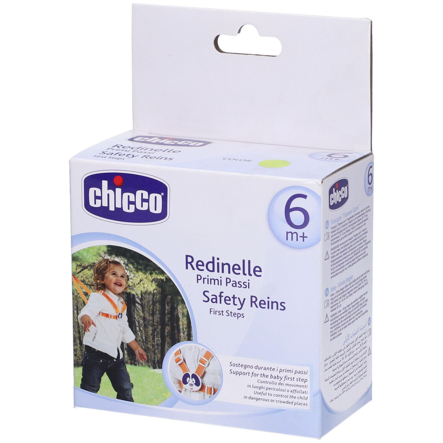 Confezione Chicco Redinelle Primi Passi. Scatola bianca con immagine e logo. Età consigliata: 6m+.