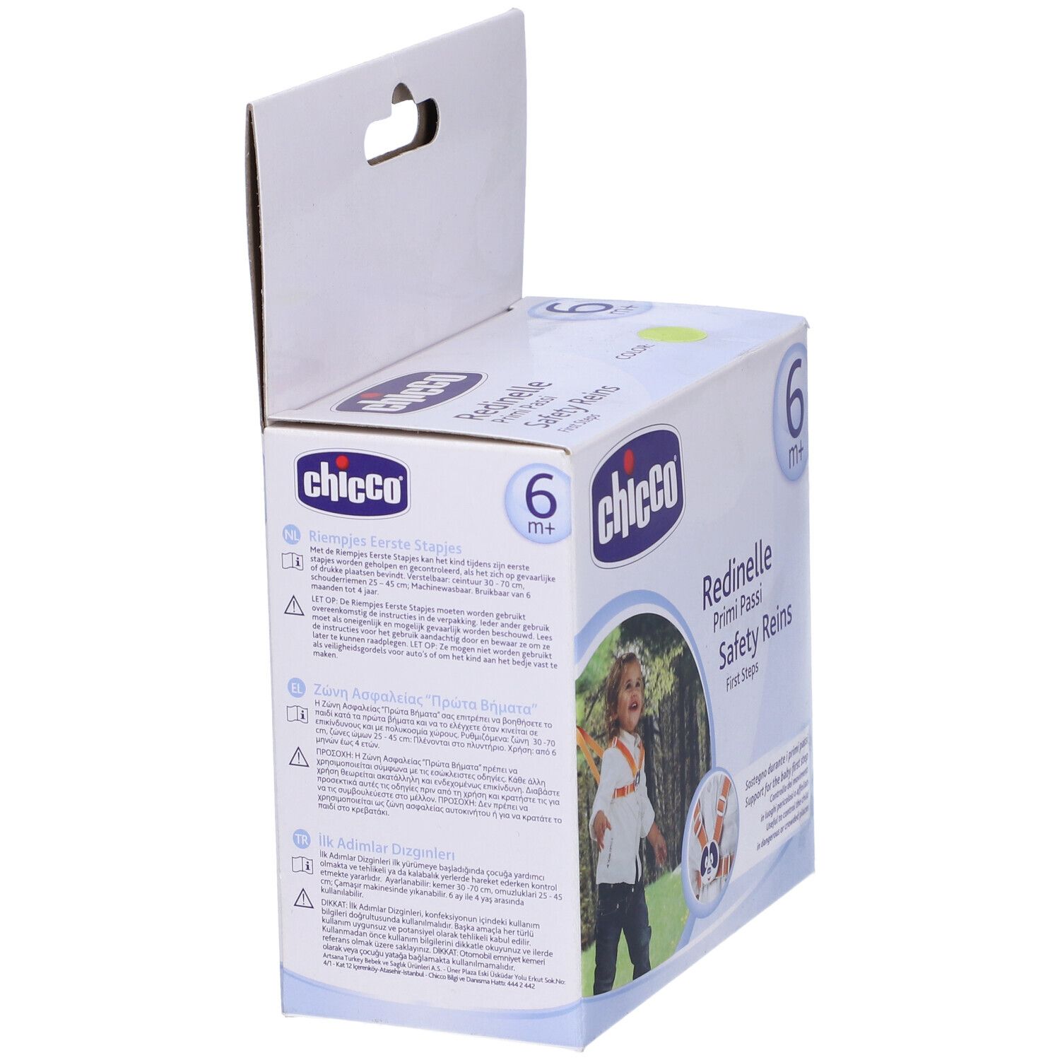Confezione Chicco Redinelle Primi Passi. Scatola bianca con immagine e logo. Età consigliata: 6m+.