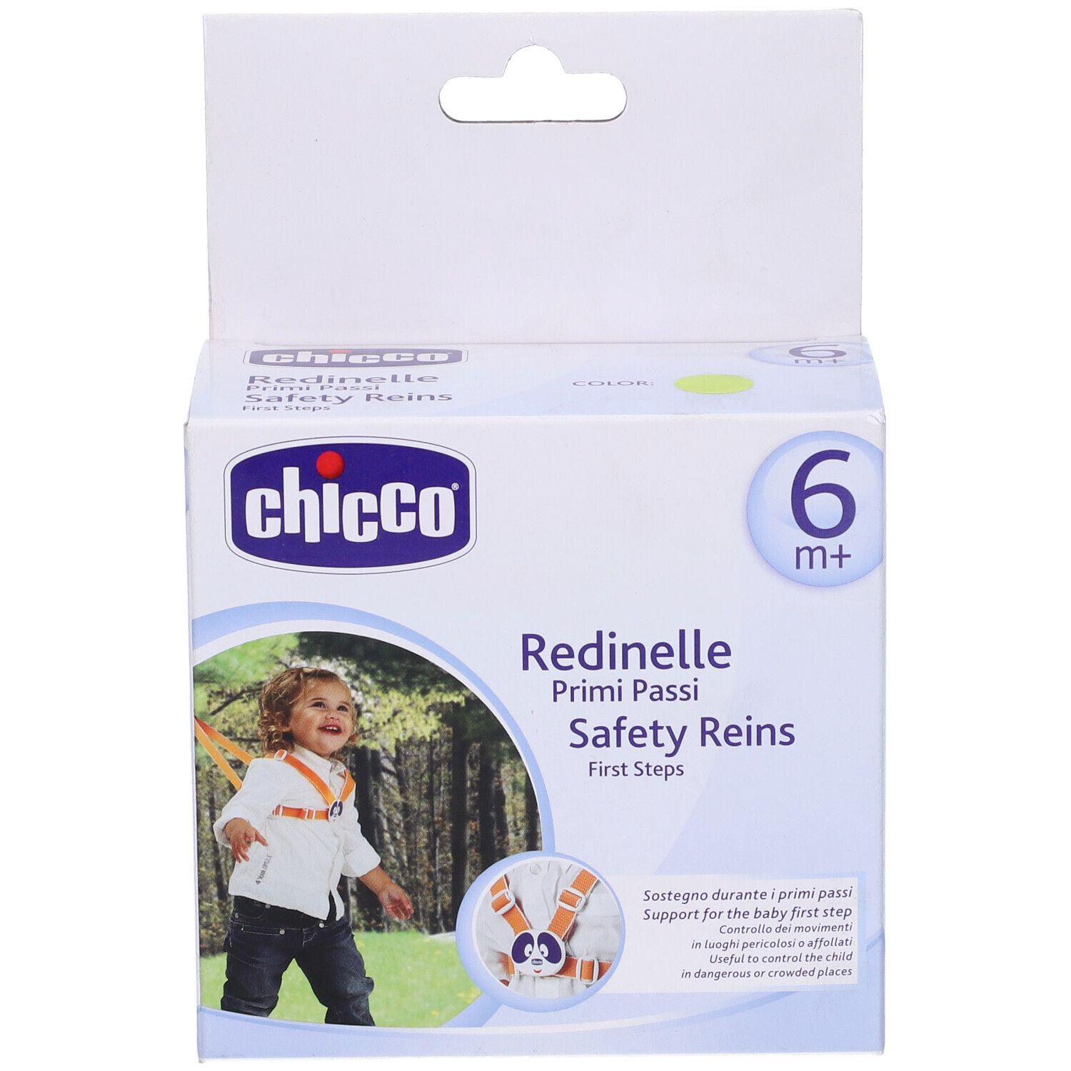 Retro della confezione Chicco Redinelle Primi Passi. Testo multilingue. Età consigliata: 6m+.