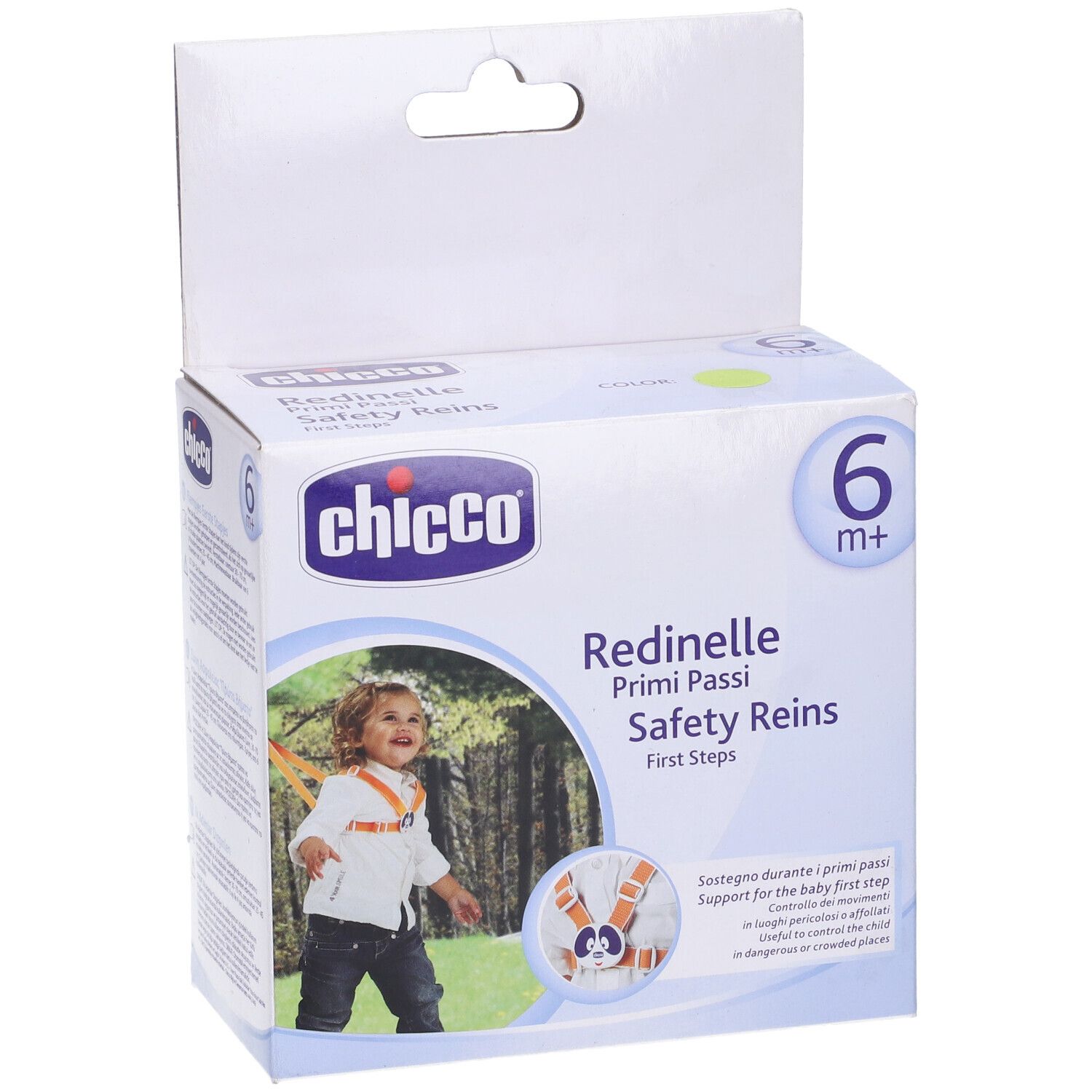 Confezione Chicco Redinelle Primi Passi. Scatola bianca con immagine e logo. Età consigliata: 6m+.