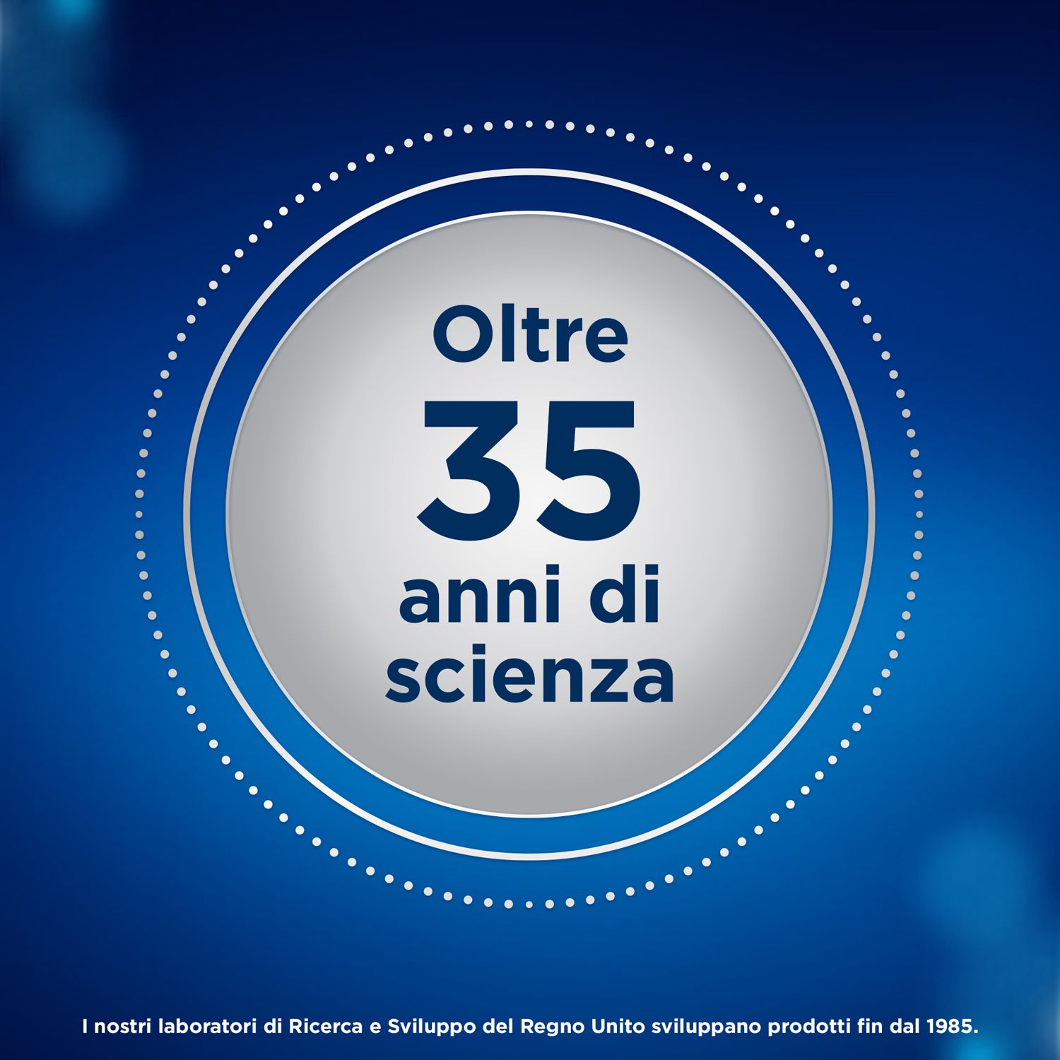 Kreisförmige Grafik mit der Zahl 35 und Text 'Oltre 35 anni di scienza'.