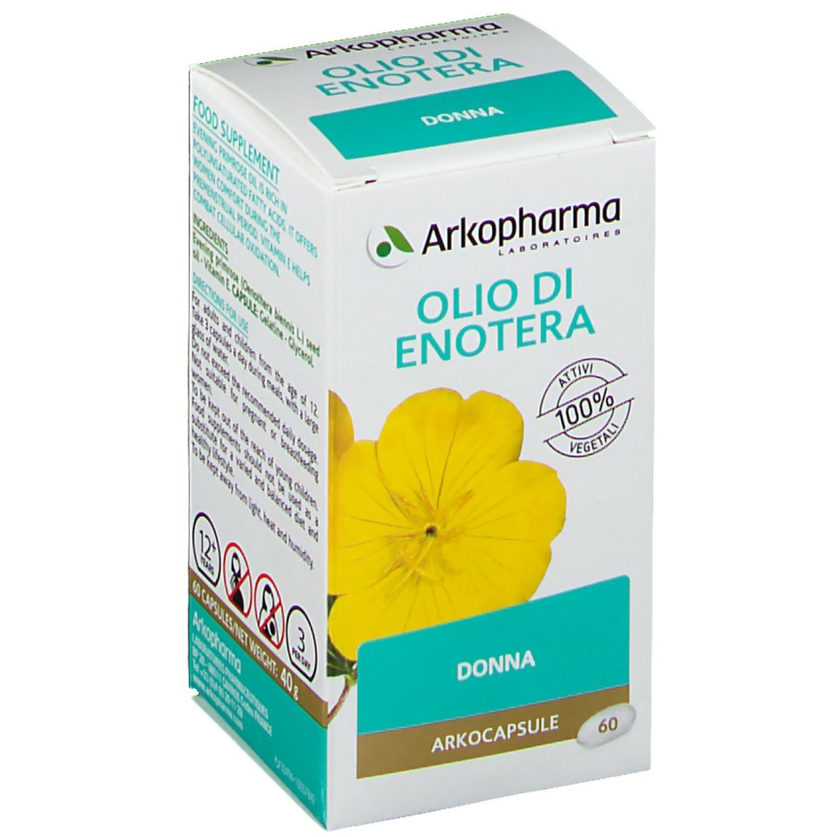 Scatola Arkopharma Olio di Enotera. Scritto 'DONNA'. 60 capsule. 100% vegetale. Immagine di un fiore giallo.