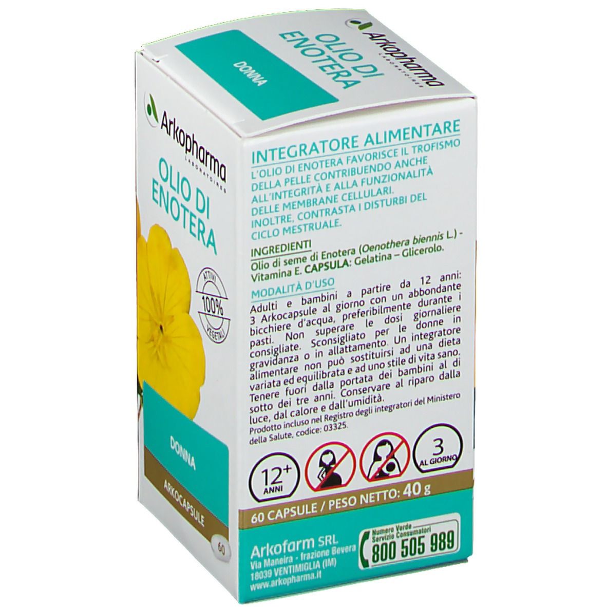 Retro scatola Arkopharma Olio di Enotera. Testo integratore alimentare. 60 capsule. 3 al giorno. Avvertenze.