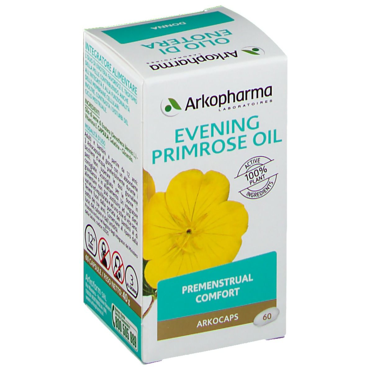 Scatola Arkopharma Evening Primrose Oil. Scritto 'PREMENSTRUAL COMFORT'. 100% vegetale. 60 capsule. Immagine fiore giallo.