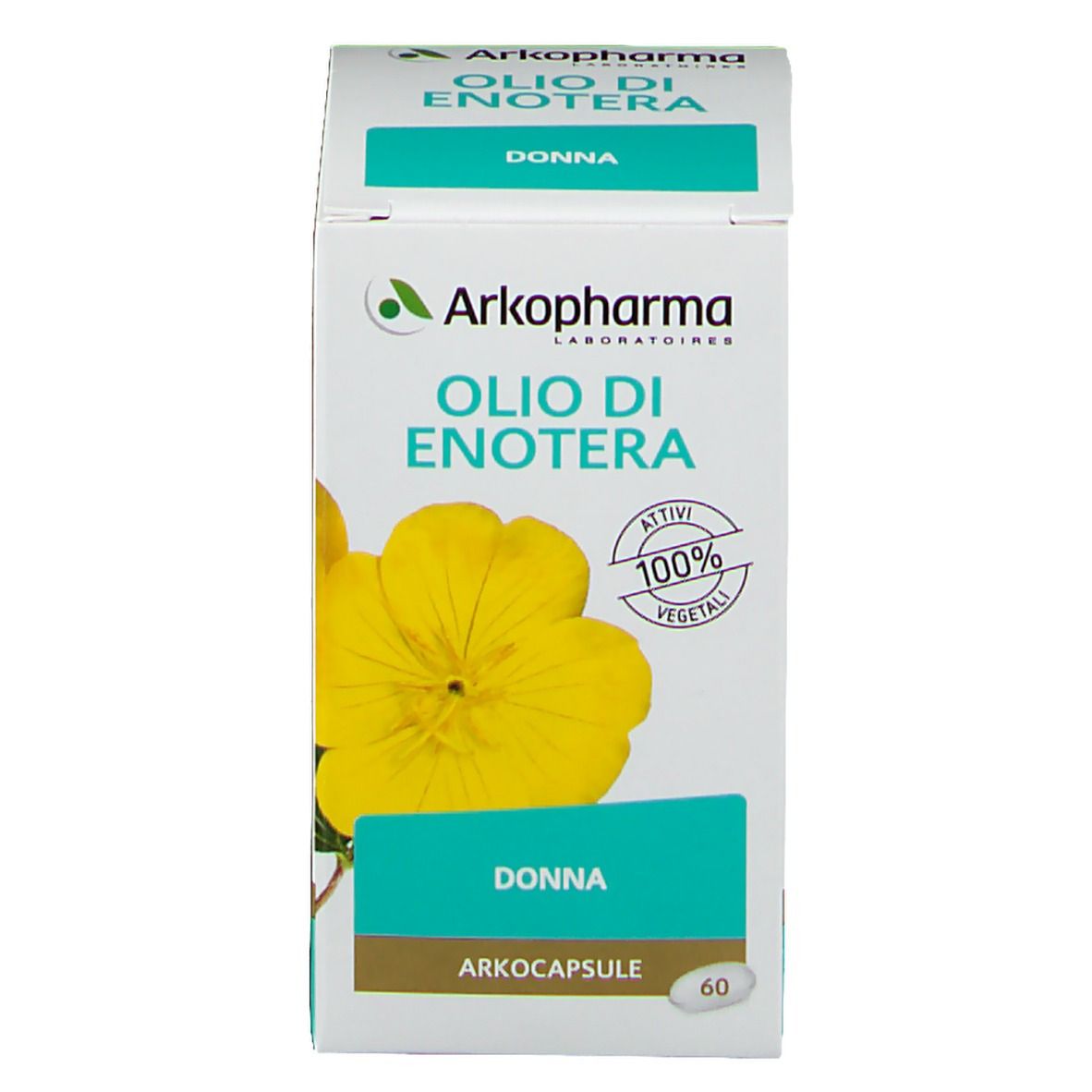 Scatola Arkopharma Olio di Enotera. Scritto 'DONNA'. 60 capsule. 100% vegetale. Immagine di un fiore giallo.