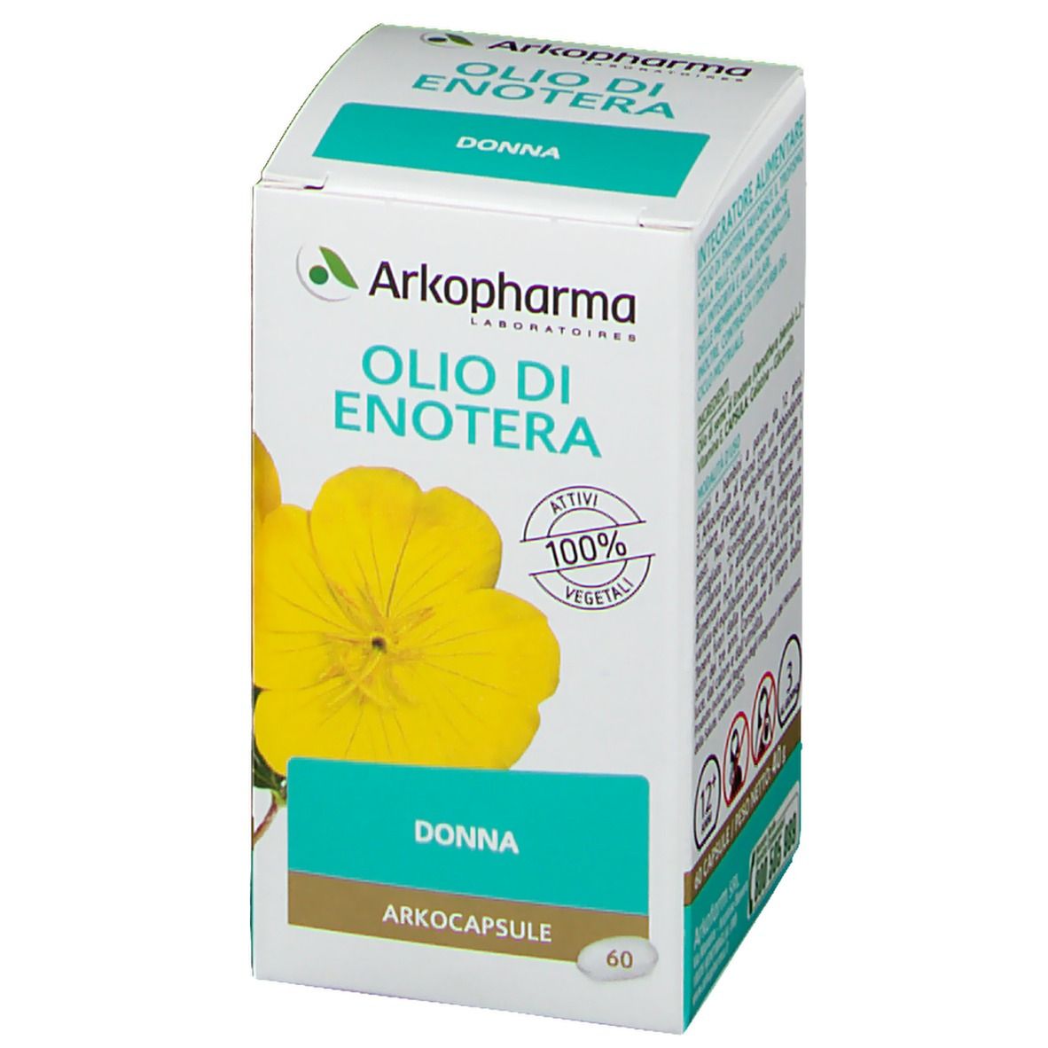 Scatola Arkopharma Olio di Enotera. Scritto 'DONNA'. 60 capsule. 100% vegetale. Immagine di un fiore giallo.