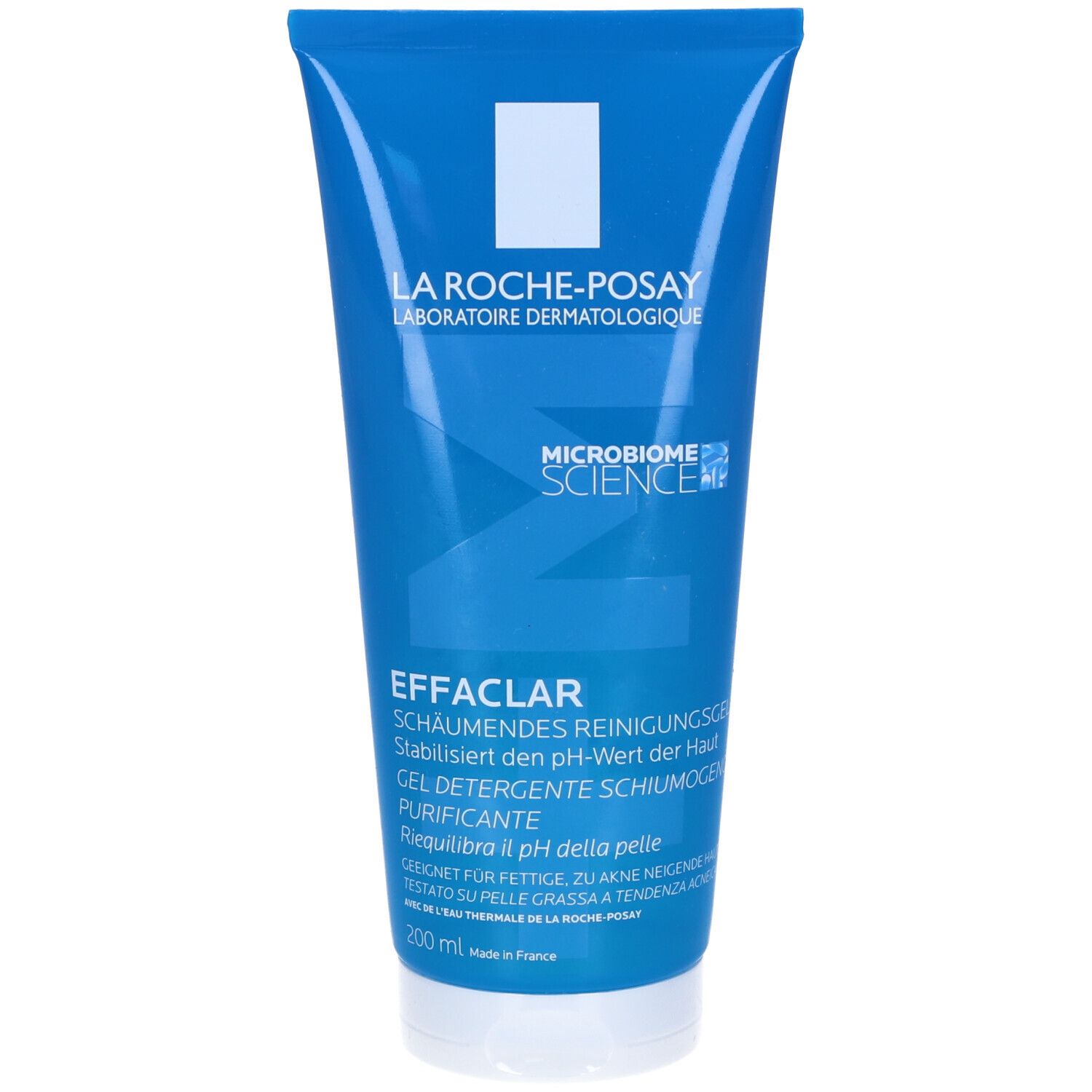 Tubo blu con tappo bianco. Scritta: La Roche-Posay EFFACLAR. Testo: Gel detergente schiumogeno. 200 ml.