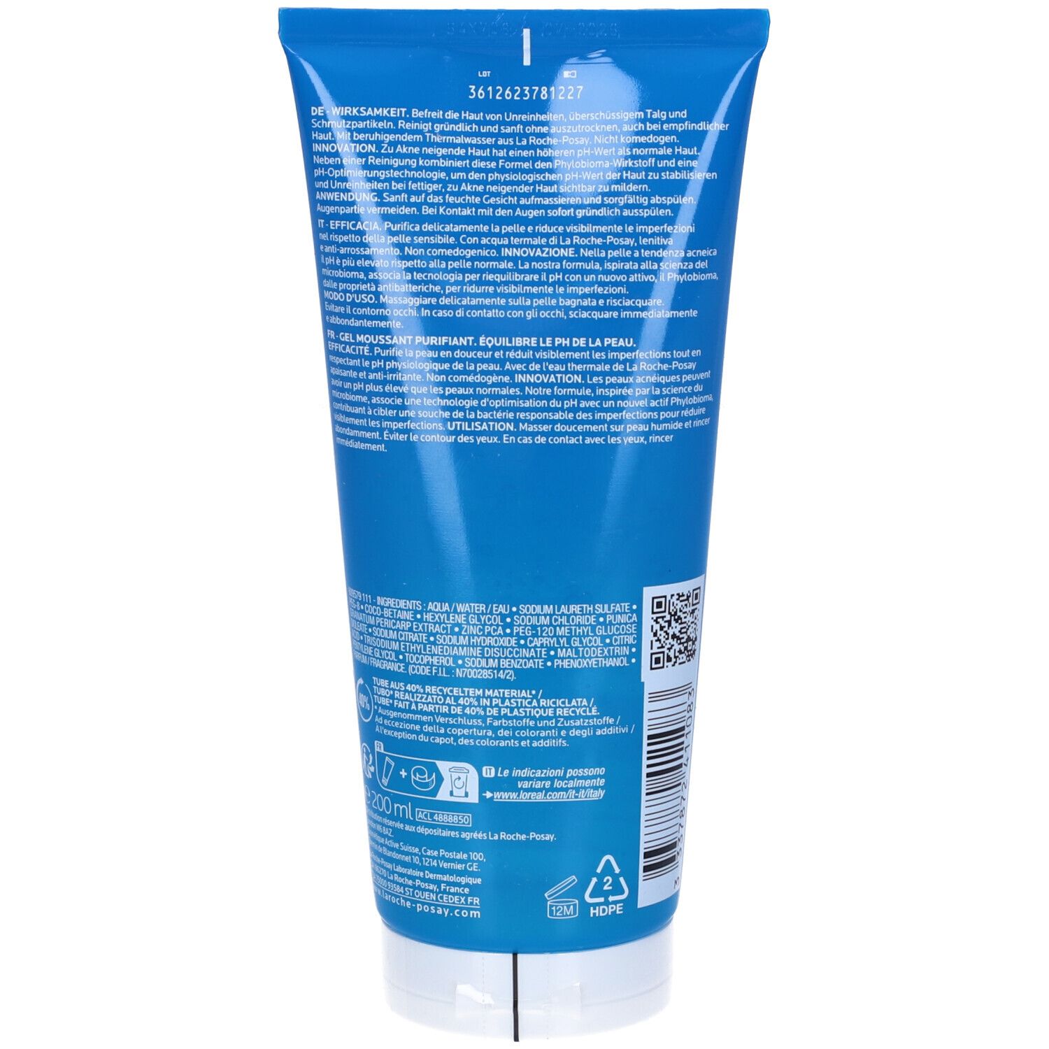 Retro di un tubo blu. Testo e ingredienti stampati. 200 ml.