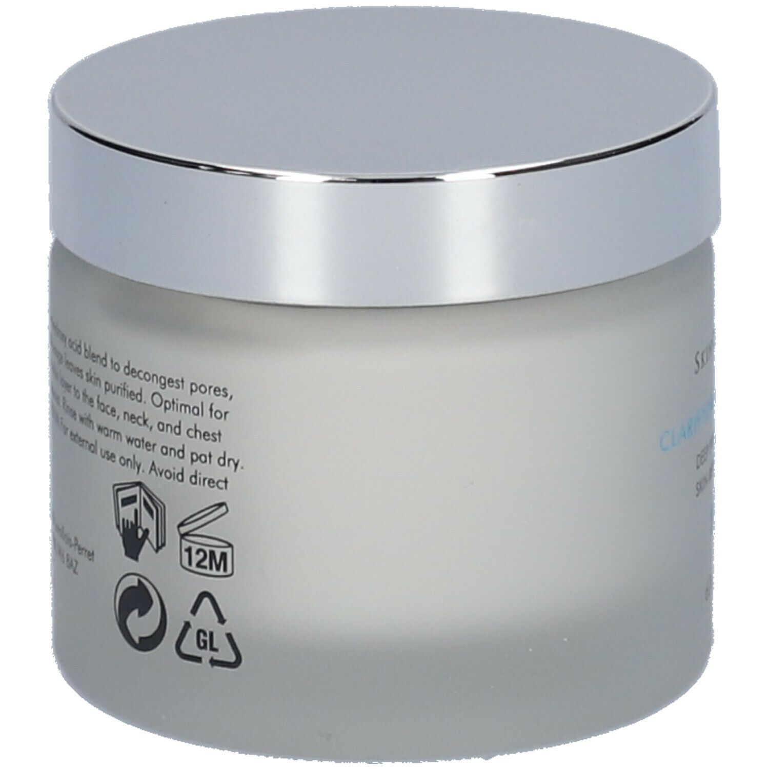 Pot de Clarifying Clay Masque Skinceuticals avec couvercle argenté. Dos avec texte et symboles.